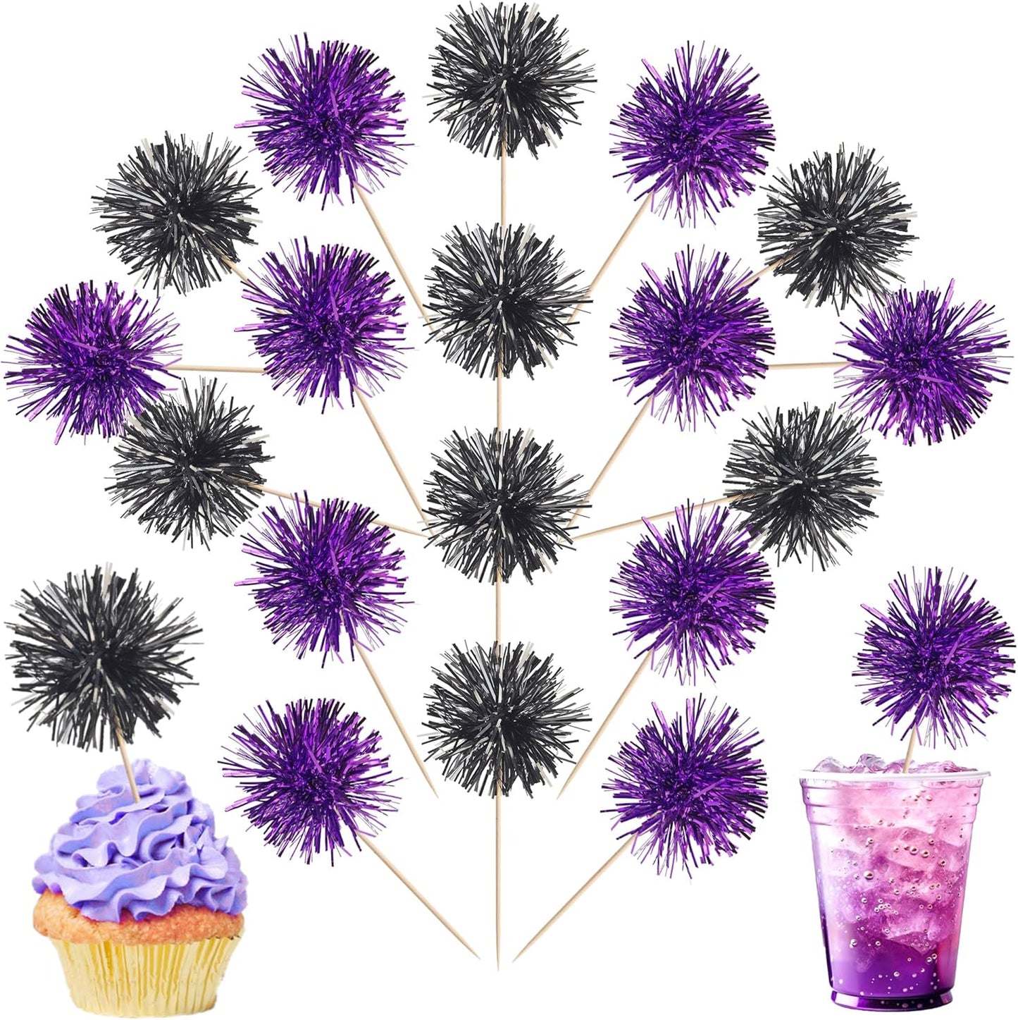 40 PCS Foil Firework Cupcake Toppers Sparkle Tinsel Cupcake Picks Fireworks Birthday Party Decorations Cocktail Fruit Toothpick for Birthday Wedding Graduation Party Decorations Supplies Black Purple