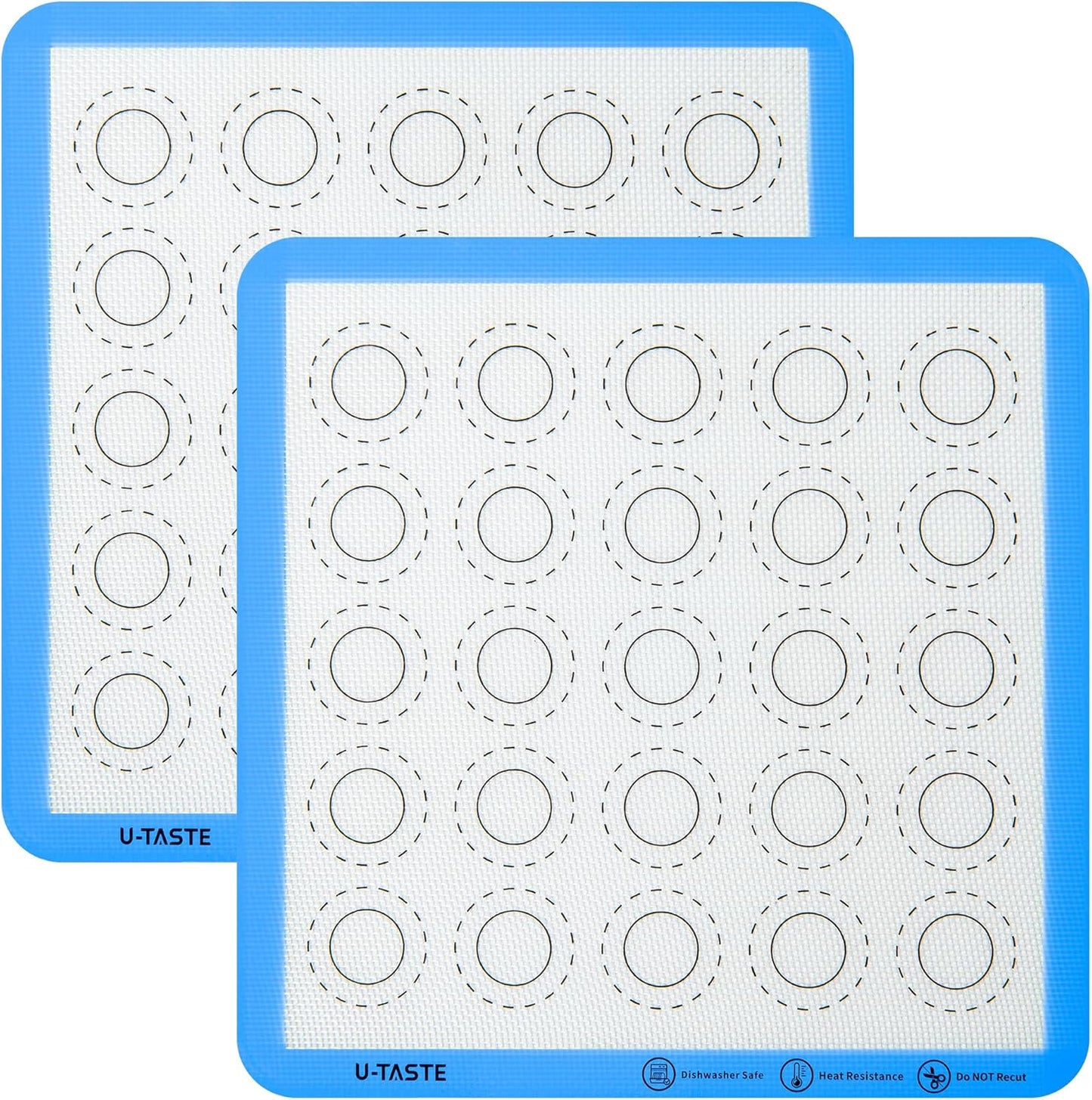 446ºF Heat Resistant Macaron Mat: U-Taste 11x11in Non Stick Silicone Baking Mat, Reusable Cookies Pastry Sheet Liner with Edge Enhancement & Circle Measurement for Square Cake Pan (2 PCS, Light Blue)