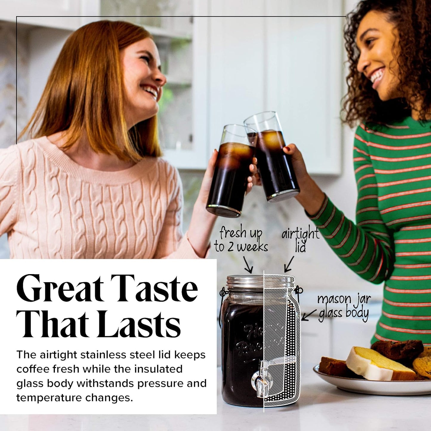 Willow & Everett Cold Brew Coffee & Iced-Tea Maker Pitcher, 2 L Glass Dispenser w/Metal Spigot & Mesh Filter Iced Coffee & Sun Tea Brewing System