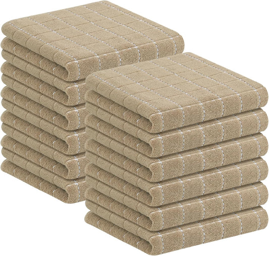 Homaxy 100% Cotton Terry Kitchen Towels(Tan, 13 x 28 inches), Checkered Designed, Soft and Super Absorbent Dish Towels, 12 Pack