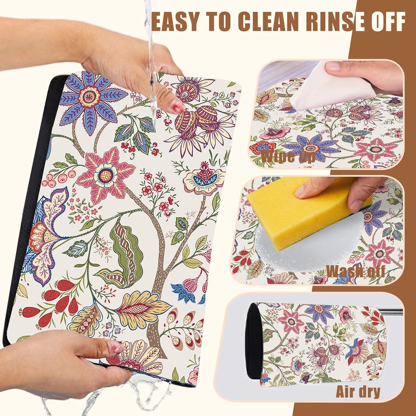 Colorful Flowers Dish Drying Mat for Kitchen Counter Bar Mat Hide Stain Absorbent Rubber Backed Coffee Maker Espresso Machine Bar Accessories 11.8 x 19.7 Inch