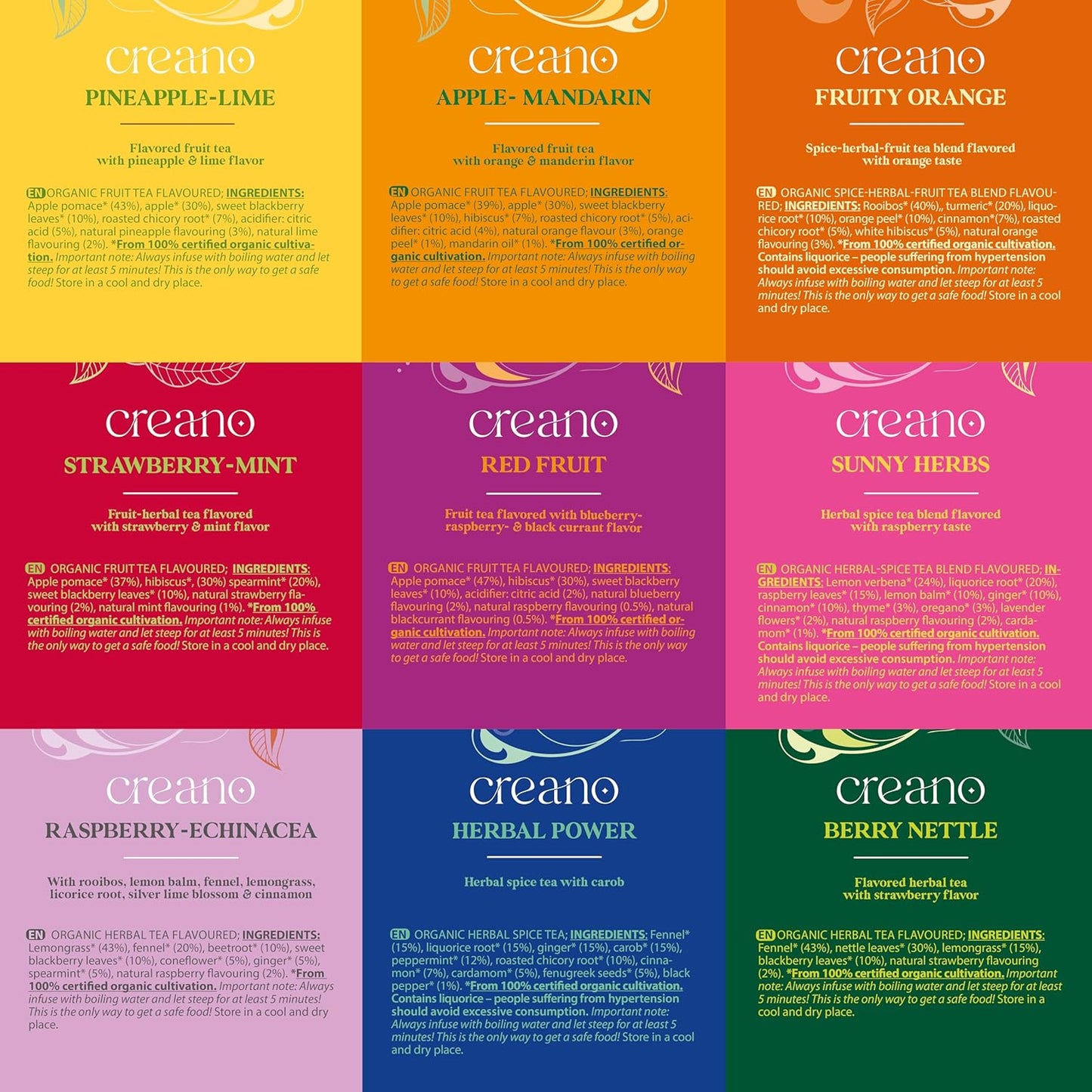 Creano Organic Fruit Tea Herbal Tea Gift Set – 45 Organic Tea Bags in 9 Dreamy Varieties – 90 g