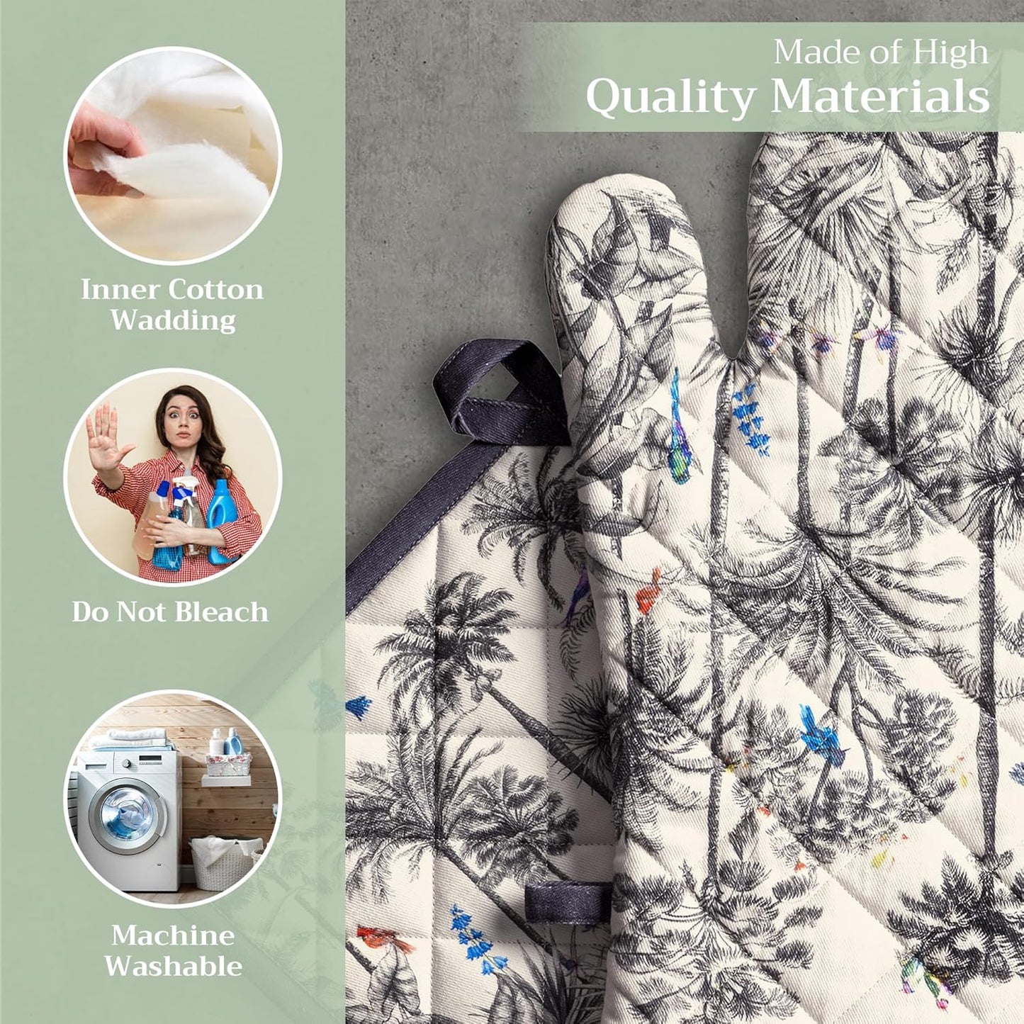 Maison d' Hermine 100% Cotton Oven Mitt & Pot Holder Set (7.5"x13" & 8"x8") Heat Resistant BBQ Cooking Gloves with Loop, Baking, Grilling, Kitchen, Handling Hot Pans (Amazonia)