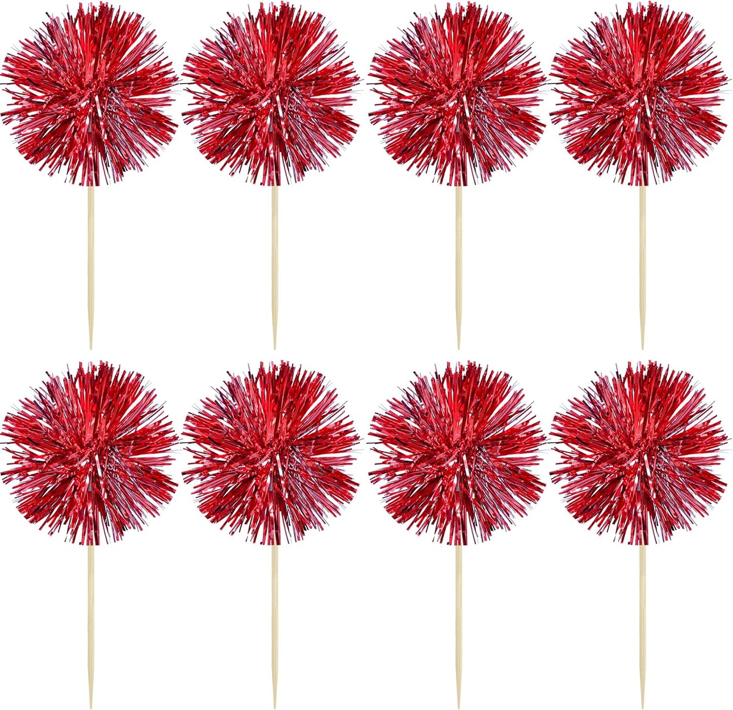 Gyufise 30Pcs Foil Firework Cupcake Toppers Sparkle Tinsel Cake Toppers Tinsel Drink Cake Decoration Cocktail Picks for Birthday Wedding Graduation Party Supplies Dark Red