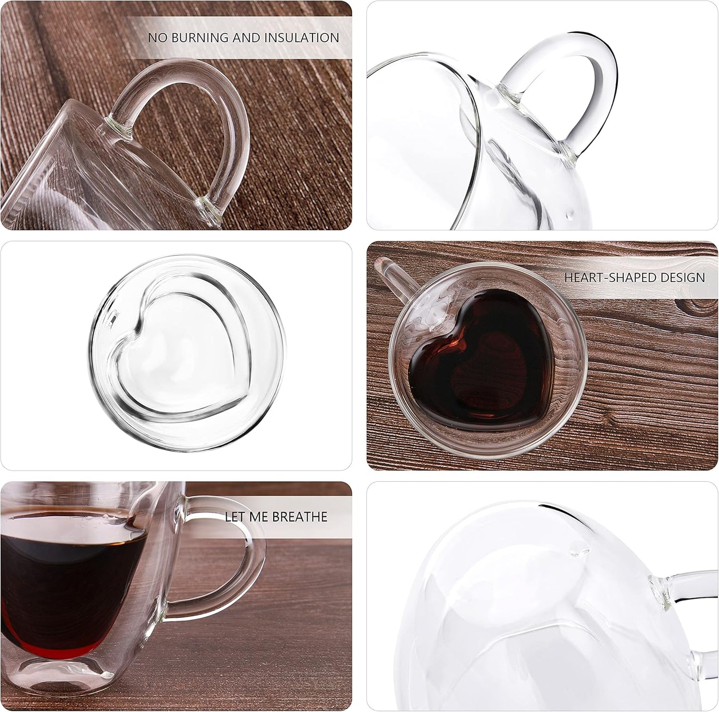CNGLASS Mothers Day Gifts for Mom,Double Wall Heart Shaped Glass Coffee Mugs 5oz(Set of 2),Insulated Clear Tea Cups with Handle,Unique Glass Espresso Mugs for Coffee,Cappuccino,Latte,Milk