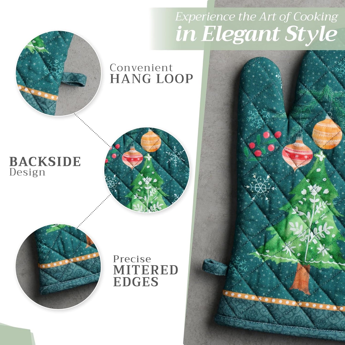 Maison d' Hermine 100% Cotton Oven Mitt & Pot Holder Set (7.5"x13" & 8"x8") Heat Resistant BBQ Cooking Gloves with Loop, Baking, Grilling, Kitchen, Handling Hot Pans (Hygge Christmas)