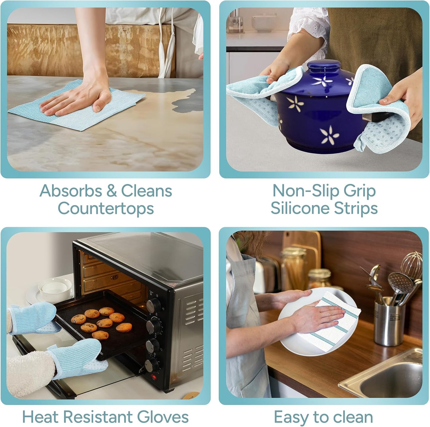 Casa Platino Oven Mitts and Pot Holders Sets, 8-Piece – 500°F Heat Resistant Mini Oven Mitts with Silicone Grip, Potholders for Kitchens, 2 Kitchen Towels & 2 Dish Cloths – Non-Slip & Durable – Aqua