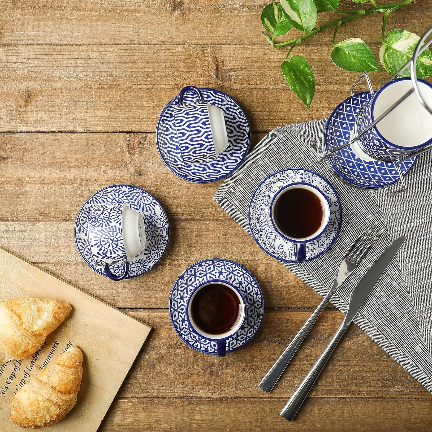 Selamica Ceramic Espresso Cups with Saucers, 2.5 OZ Stackable Demitasse Cups with Metal Stand, Mini Espresso Mugs for Latte Coffee Café Mocha Tea, Set of 6, Vintage Blue