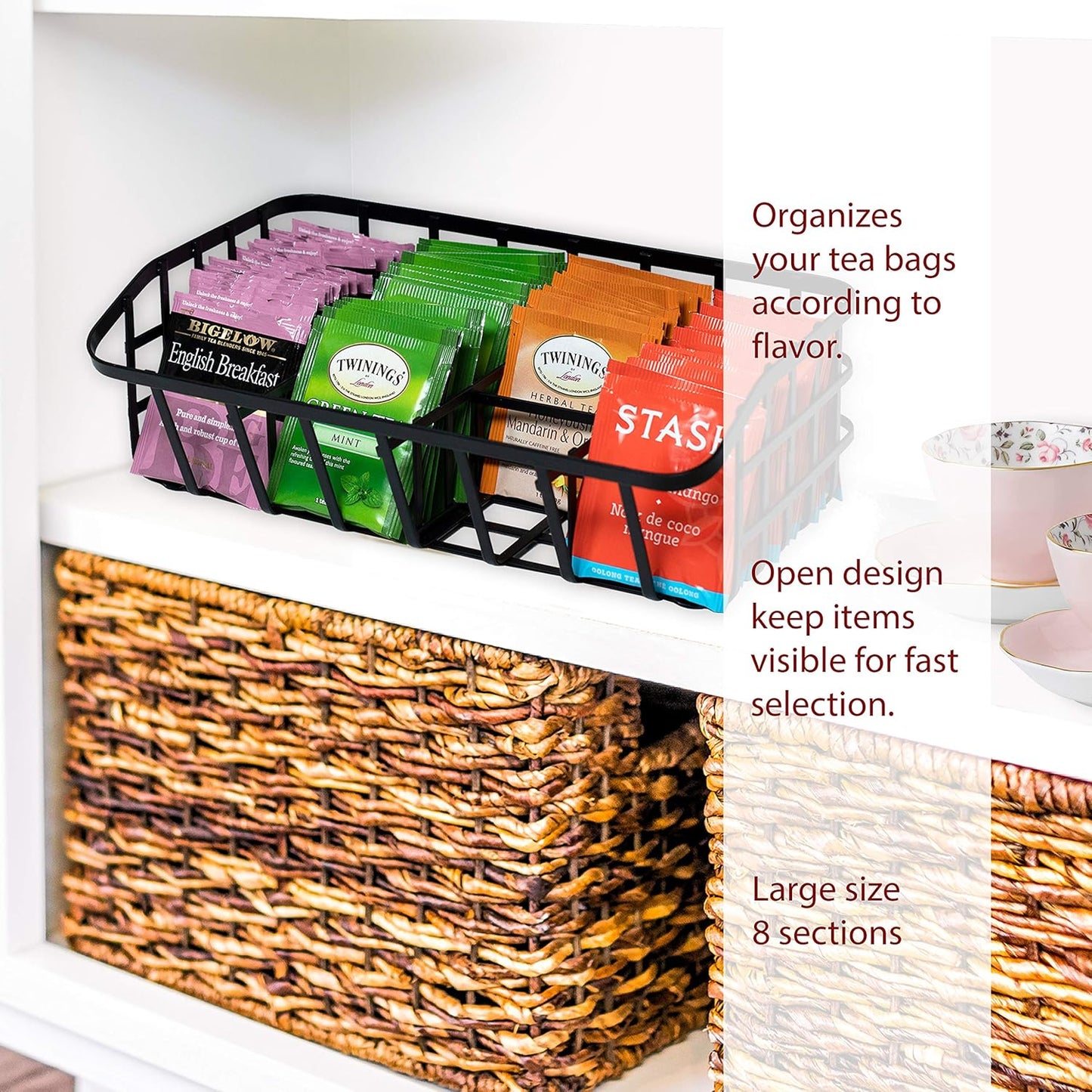 Tea Bag Organizer Caddy - Metal Tea Box Storage Holder for Cups, Pods, Packets, Condiment Accessories - Black