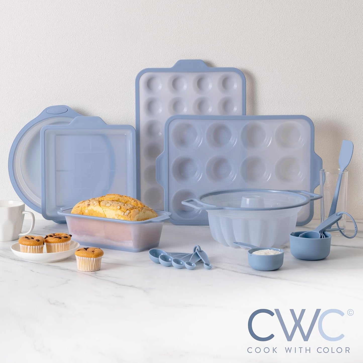 COOK WITH COLOR 17 Pc. Silicone Baking Pan Set - Non-Stick & Easy Clean Silicone Muffin Pans for Baking with Sturdy Metal Frame for Stability, Flexible Cake Molds, Includes Measuring Cups and Spoons