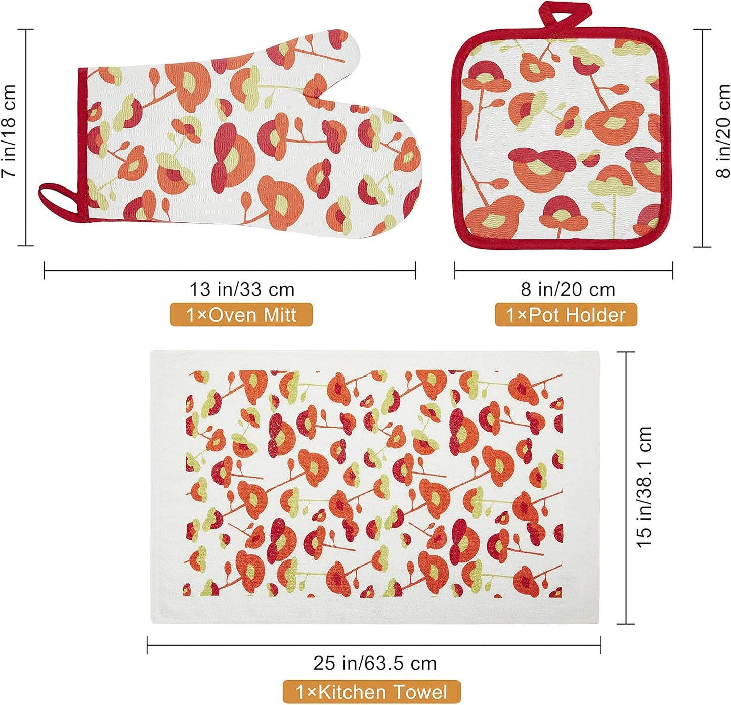 Oven Mitts and Potholders Dish Towles Set 100% Cotton for Perfect for Gifting, Baking, and Everyday Cooking Durable Heat Resistant for Kitchen and Machine Washable (3-Piece Red Flower)