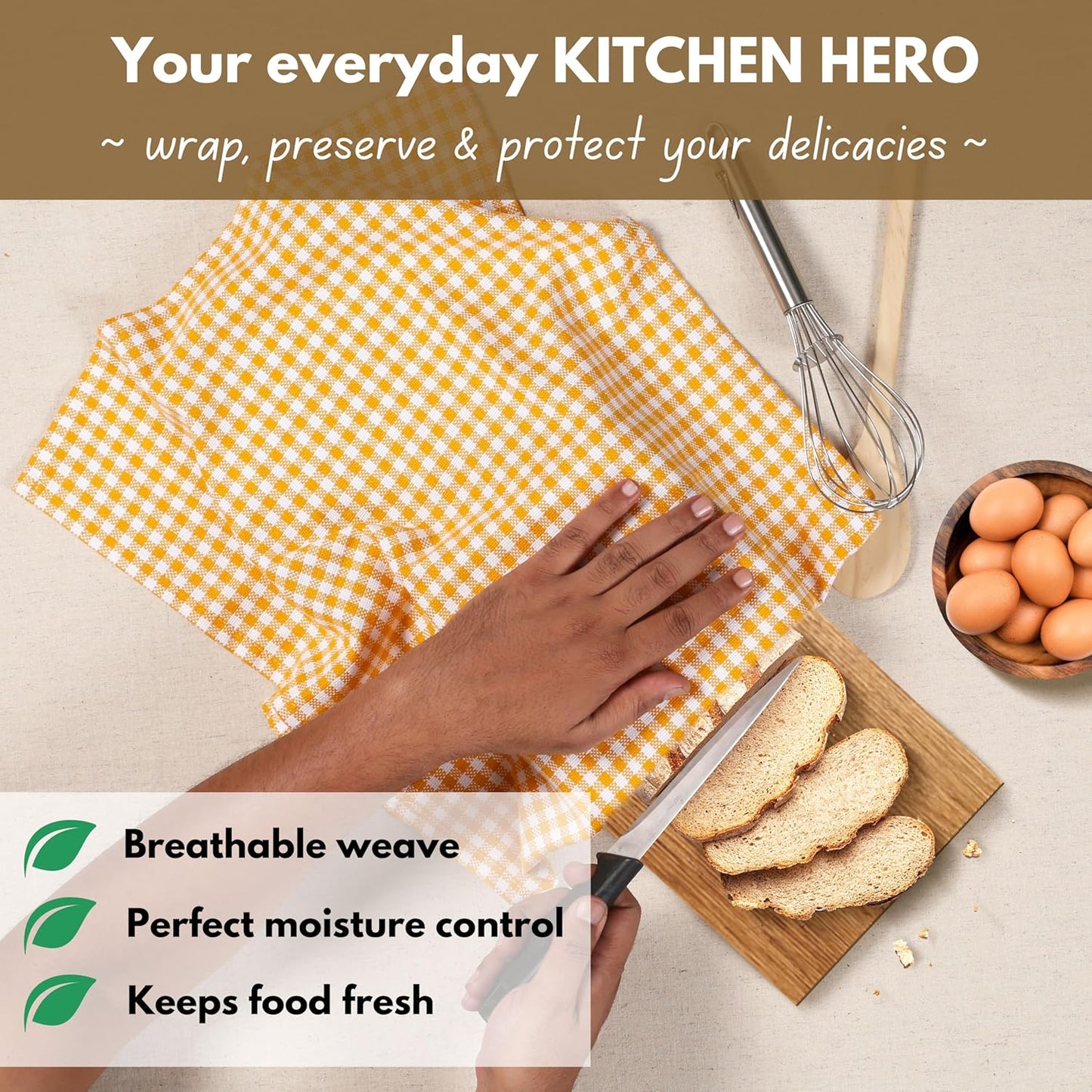 Native Fab 4 Pack Yellow Gingham Cotton Dish Towels 16"x26" - Absorbent Kitchen Linen Towels with Hanging Loop, Dishcloths Set for Drying Dishes, Cleaning Hand Towels, Mustard Yellow White