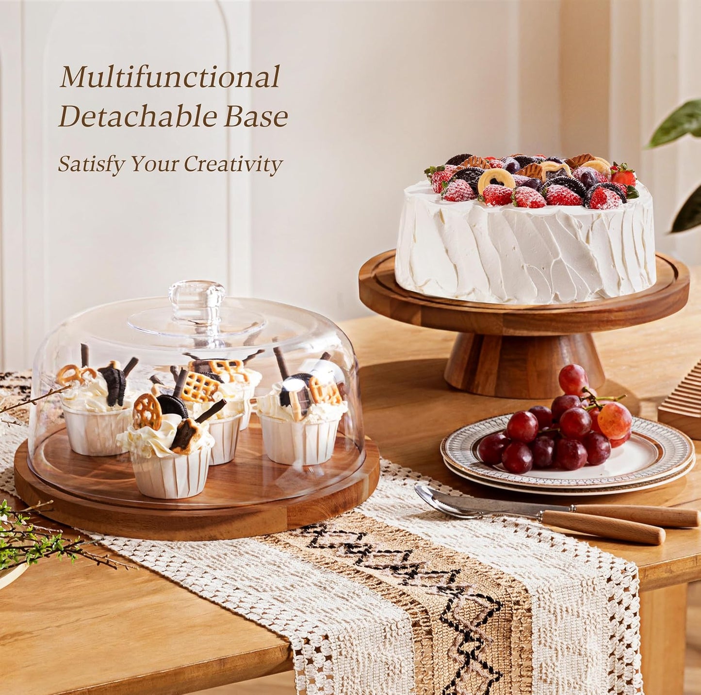 HBlife Cake Stand with Glass Lid (11.4"), Multifunctional Cake Stand with Dome, Acacia Wood 6-in-1 Cake Plate Display Stand with Cover for Baking Gifts, Birthday Kitchen Parties, Weddings