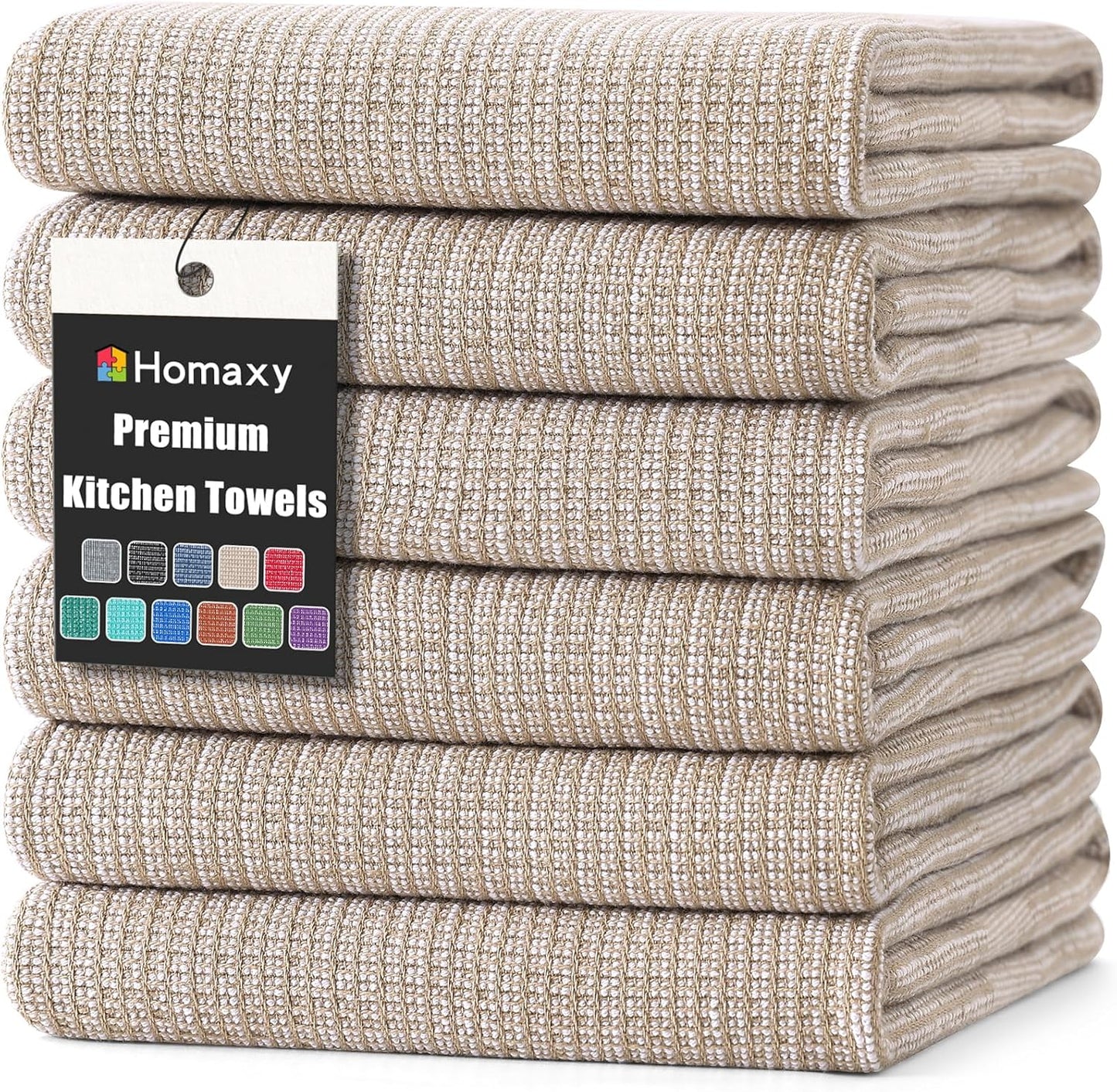 Homaxy Premium Kitchen Towels(18”x 28”, 6 Pack), Large Cotton Kitchen Hand Towels, Flat and Terry Dish Towels, 380 GSM Highly Absorbent Tea Towel Set with Hanging Loop, Khaki