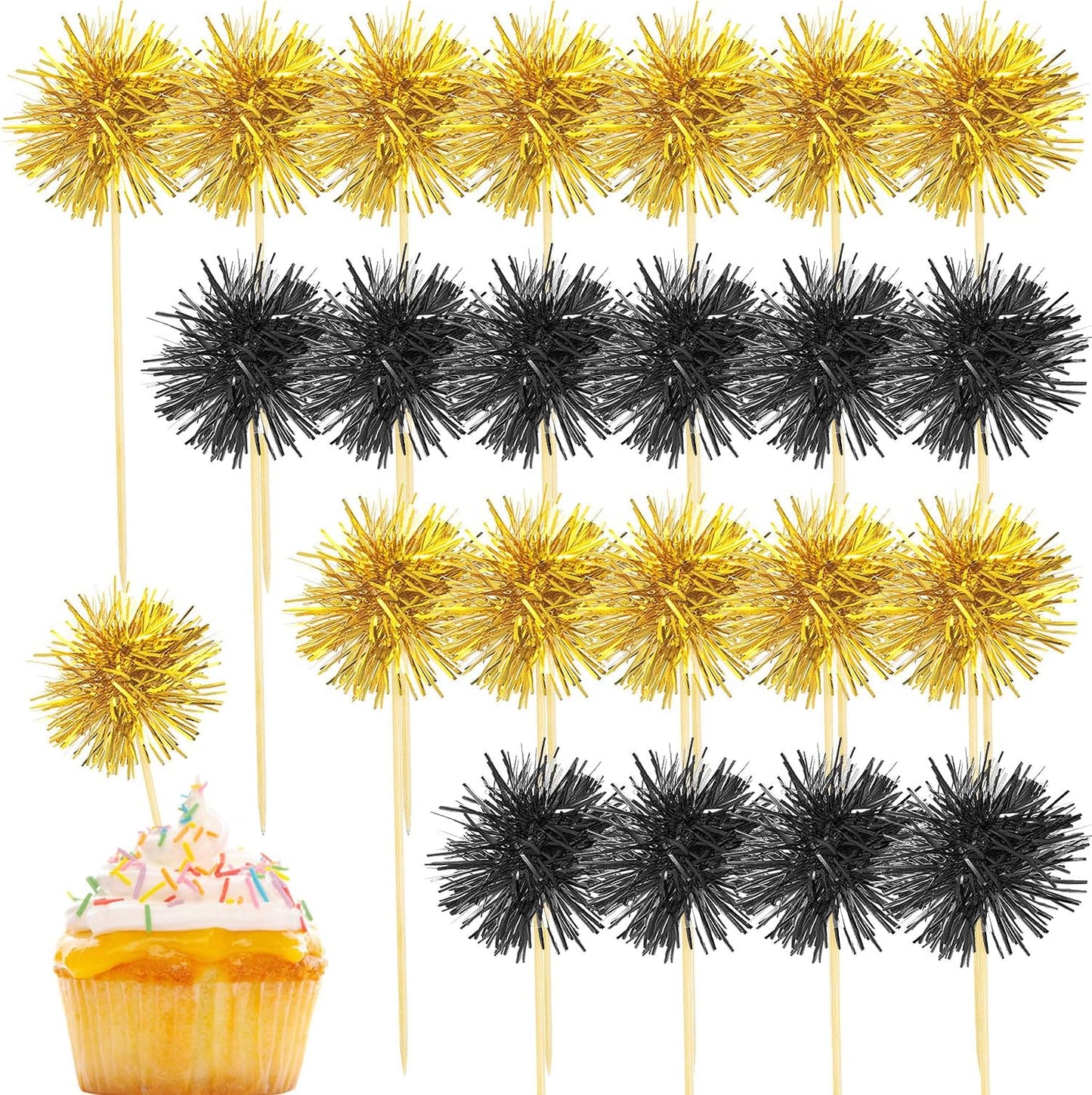 80 Pcs Firework Cupcake Topper Gold Graduation Cake Decorations Foil Frill Toothpicks for Party Decoration, Cake Toppers, Picnics, Bar, Birthday, Holiday (Black, Gold)