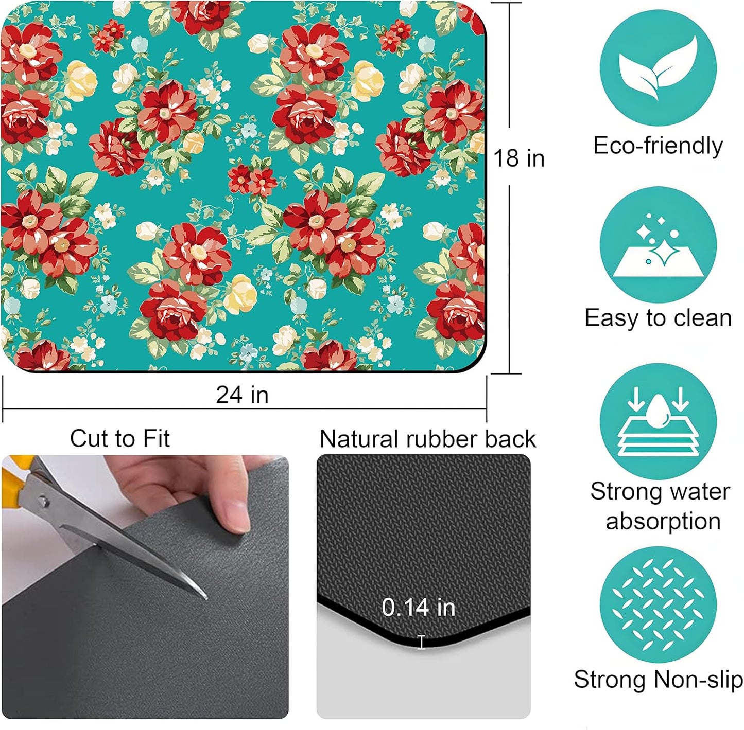 Rubber Dish Drying Mat for Kitchen Counter Large Boho Flowers Washable Quick Home Coffee Pad Fit Under Sink,Bar,Utensils 18x24in