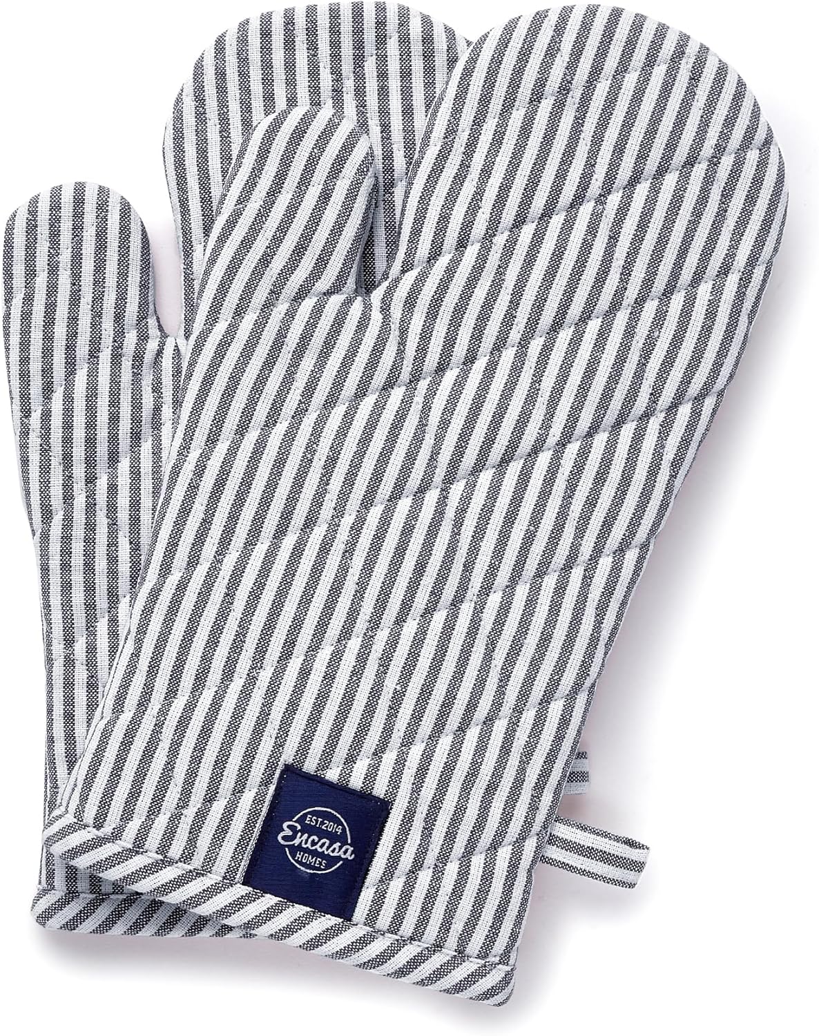 Encasa Homes Long 12"x7" Oven Microwave Hand Gloves Mitts (2 pc Set) for Kitchen Cooking & Baking - Heat Resistant, Thick & Safe, Protection of Hands from Hot Utensils - Ticking Navy Blue