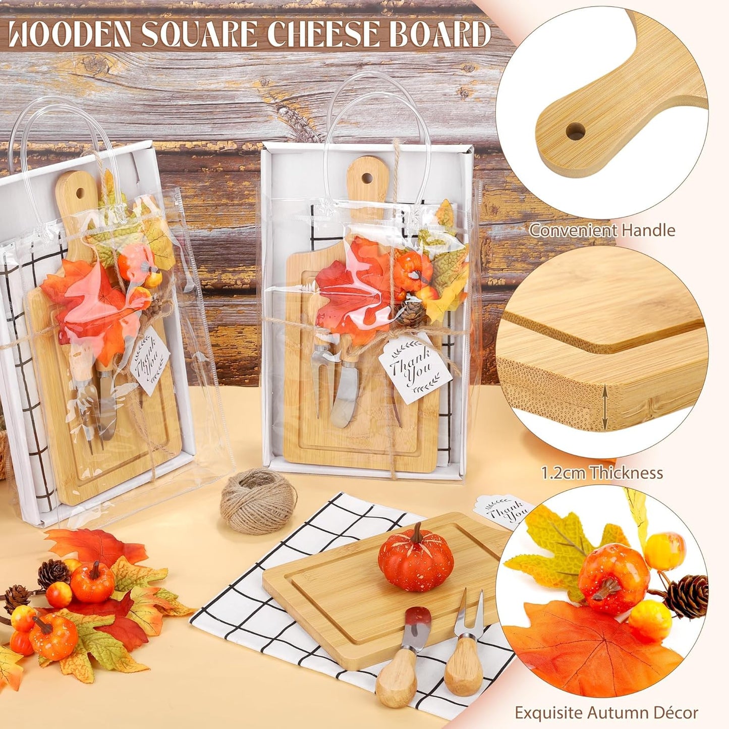 6 Sets Autumn Gifts Bridal Shower Favor 43 Pcs Wooden Square Cheese Board with Knives Forks Kitchen Towels Tags, Pre-Assembled Gifts for Fall Thanksgiving Party Supplies Winner Game Prizes