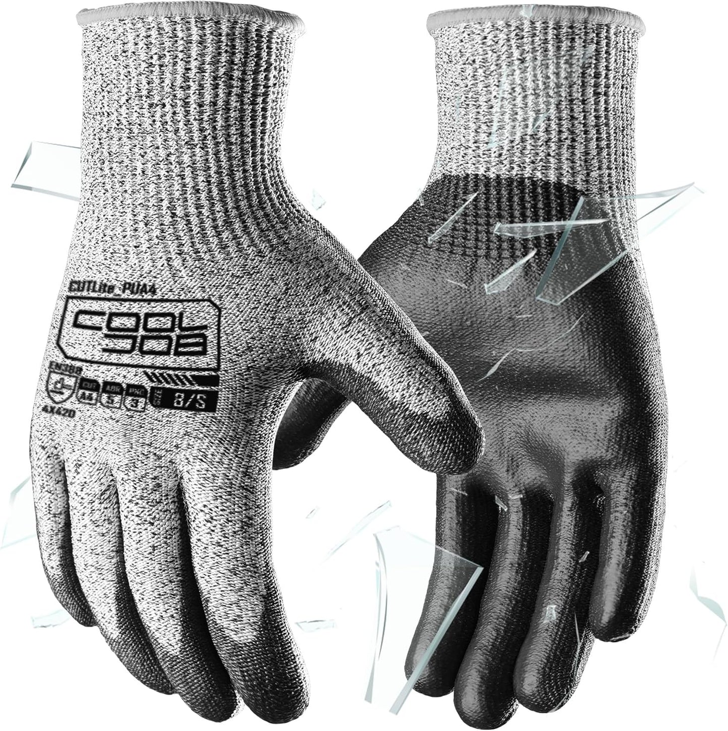 COOLJOB 12/120 Pairs Cut Resistant Safety Work Gloves with Grip, 13 Gauge Seamless Shell with PU Coating, ANSI A2 A4, Gray