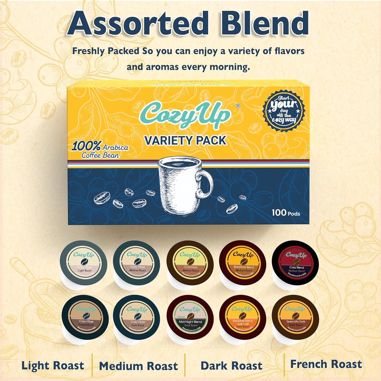 Cozy Up Variety Coffee Pods Compatible with Keurig K-Cup Brewers, 10 Assorted Flavors, 100 Count