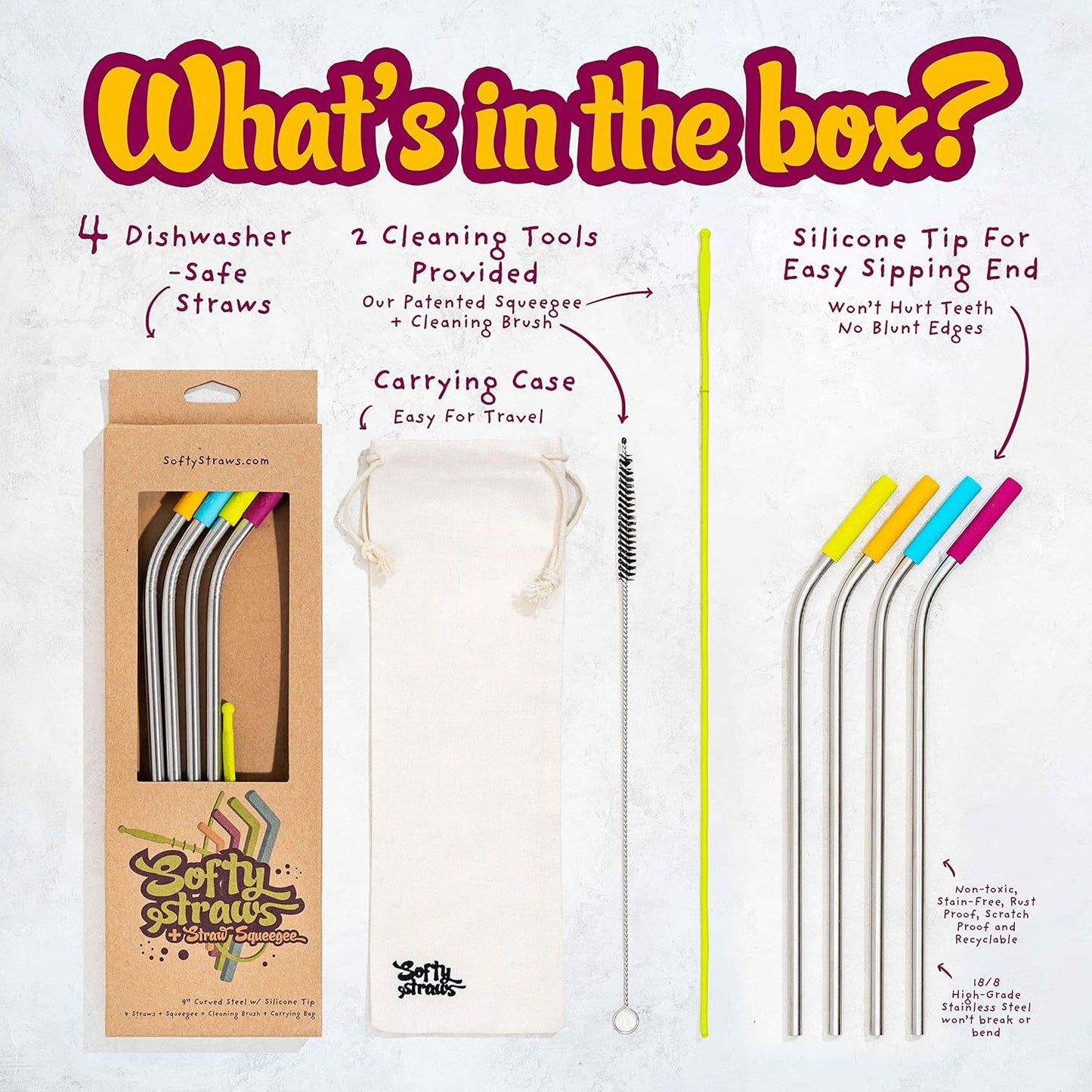 Premium Reusable Stainless Steel Drinking Straws With Silicone Tips + Patented Straw Cleaners and Carrying Case - 9” Long Metal With Curved Bend for 20/30/32oz Tumblers