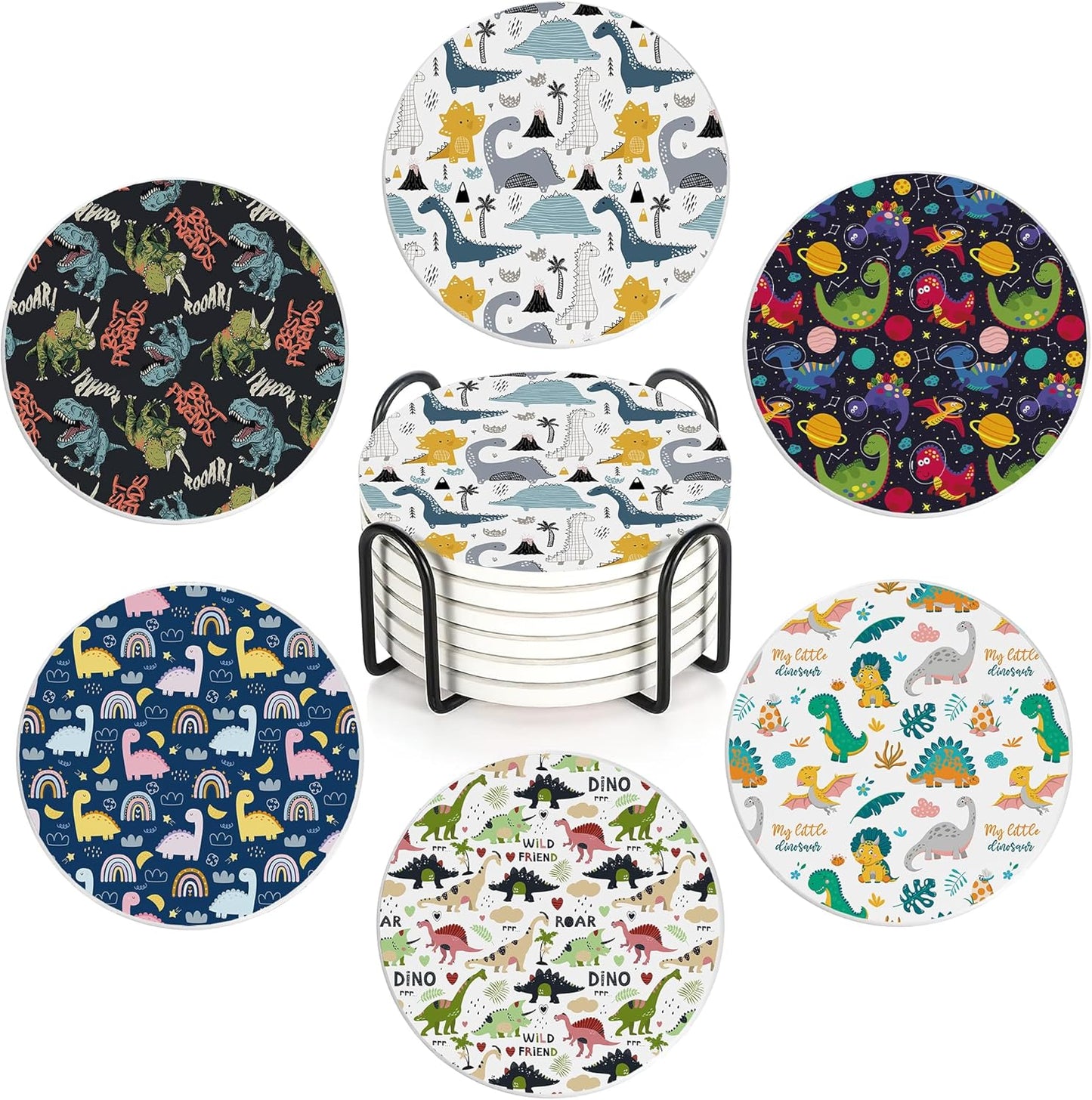 Drink Coasters Set of 6 with Holder, Dinosaur Absorbent Ceramic Drink Coaster for Tabletop Protection,Suitable for Kinds of Cups,Drinks Coasters for Home Office Decoration(4 Inches)