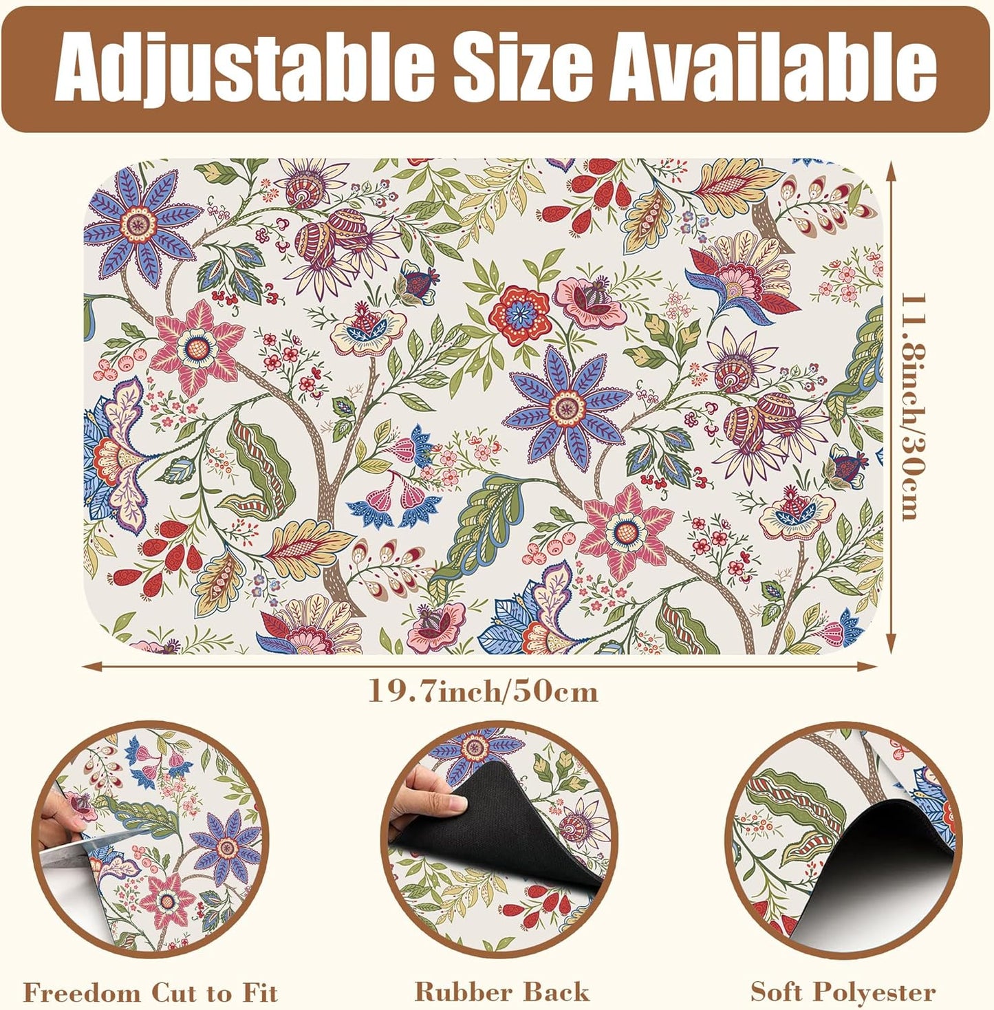 Colorful Flowers Dish Drying Mat for Kitchen Counter Bar Mat Hide Stain Absorbent Rubber Backed Coffee Maker Espresso Machine Bar Accessories 11.8 x 19.7 Inch