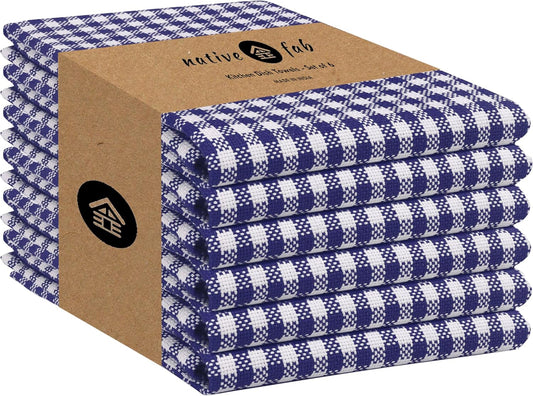 Native Fab 6 Pack Gingham Mini Check Kitchen Hand Towels Set 16"x26" - 100% Cotton Absorbent Reusable Wash Cloths - Quick Drying Dish Towels with Hanging Loops for Kitchen, Blue White