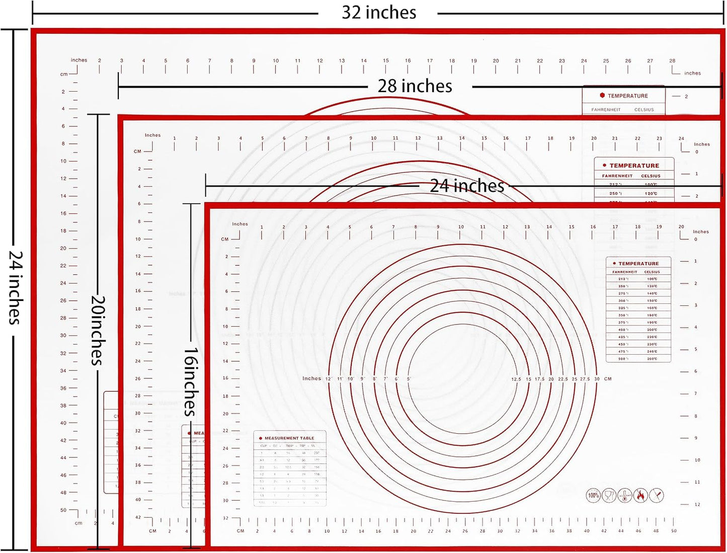 Yansumi Silicone Pastry Mat Extra Large Non-Slip Mat for Rolling Dough Pie Crust and Baking Non-Stick with Measurements (Red, 32x24)