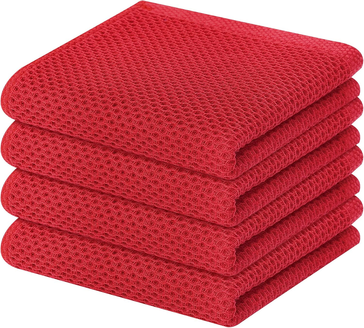 Homaxy 100% Cotton Waffle Weave Kitchen Dish Towels, Ultra Soft Absorbent Quick Drying Cleaning Towel, 13 x 28 Inches, 4-Pack, Red