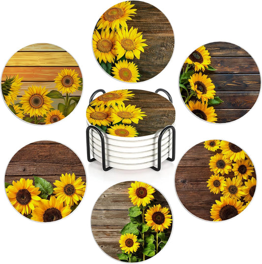 Table Coaster for Drinks Set of 6, Vintage Sunflower Wood Round Ceramic Coasters,with Cork Base and Metal Holder,Great Housewarming Birthday Gifts,Home Decor