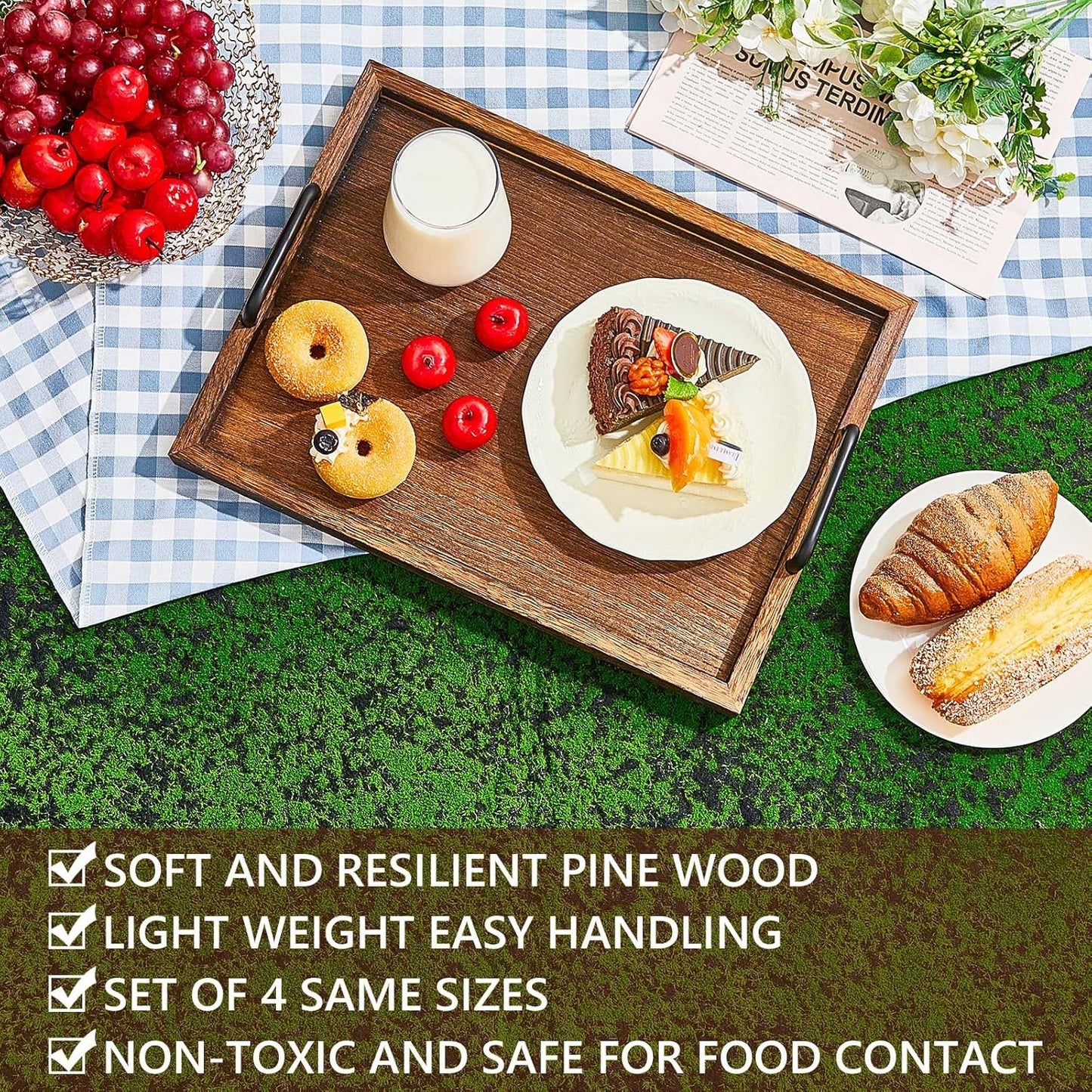 Lallisa 4 Pcs Large Wooden Serving Trays Decorative 15.75 x 11.81 x 2.36 Inch Ottomantray Rustic with Handle for Banquet Party Rectangular Lap Tray for Breakfast Coffee Table Picnic Bed Eating