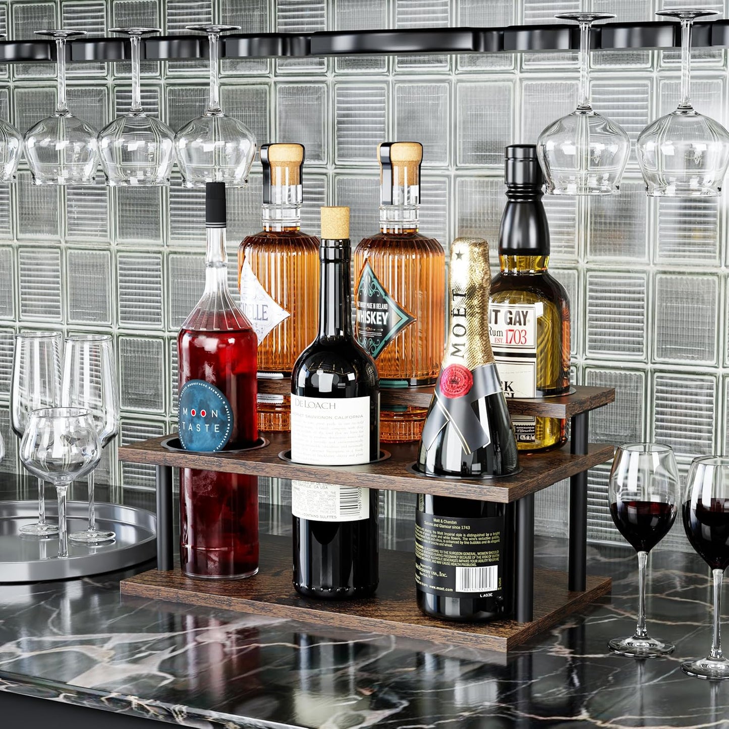 KLM Coffee Syrup Organizer, 2 Tier Wooden Small Display Shelf (6 Bottle Capacity),Syrup Bottle Sturdy Holder for Coffee Bar, Kitchen Countertop Syrups, Condiments and Wine