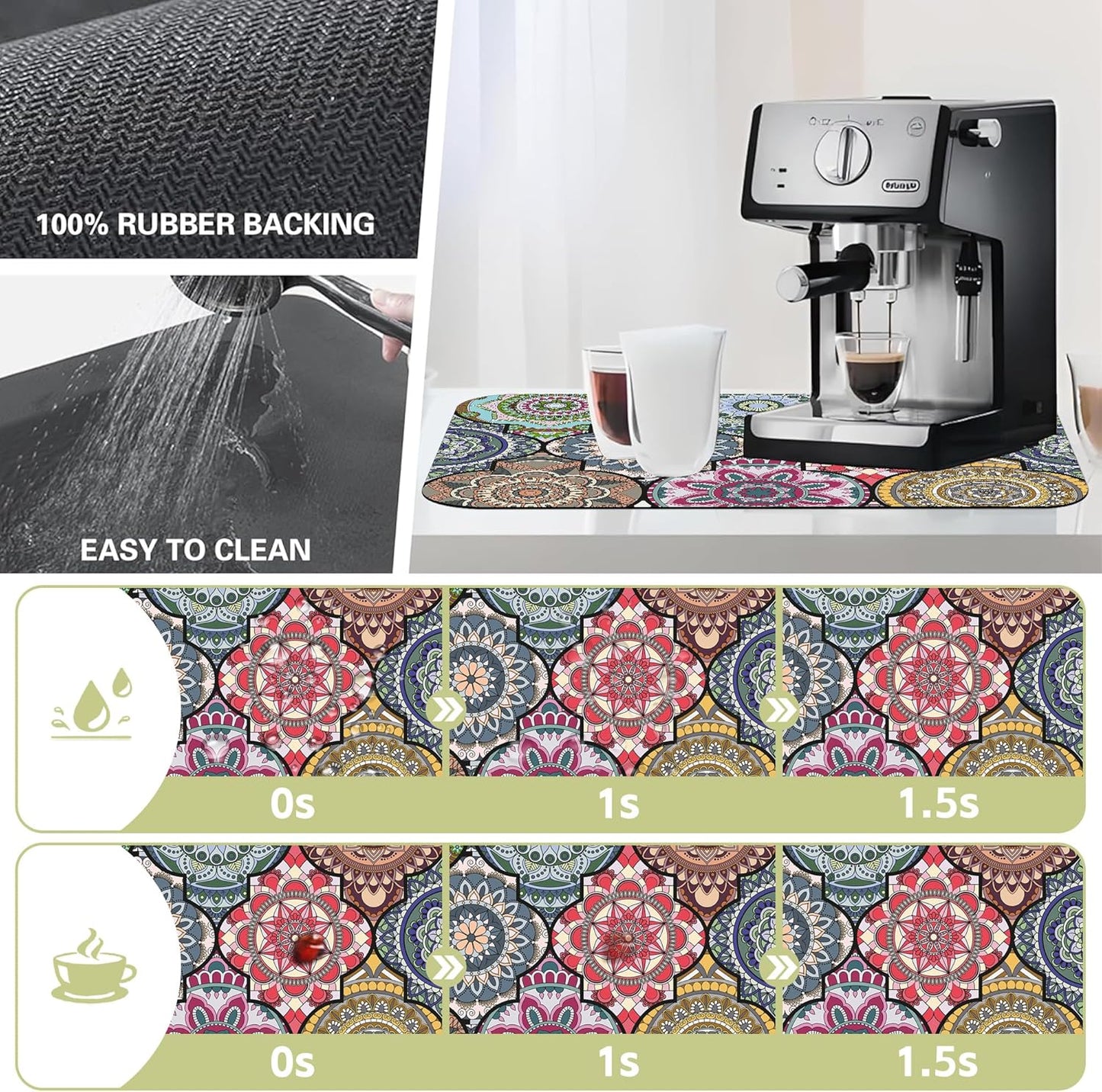 Dish Drying Mat Bohemia Vintage Decorative Pattern Kitchen Mat 16"x24" Bsorbent Coffee Maker Mat for Dishes,Utensils Coffee Maker Pots and Pans Easy Clean Dish Slip Resistant Pad