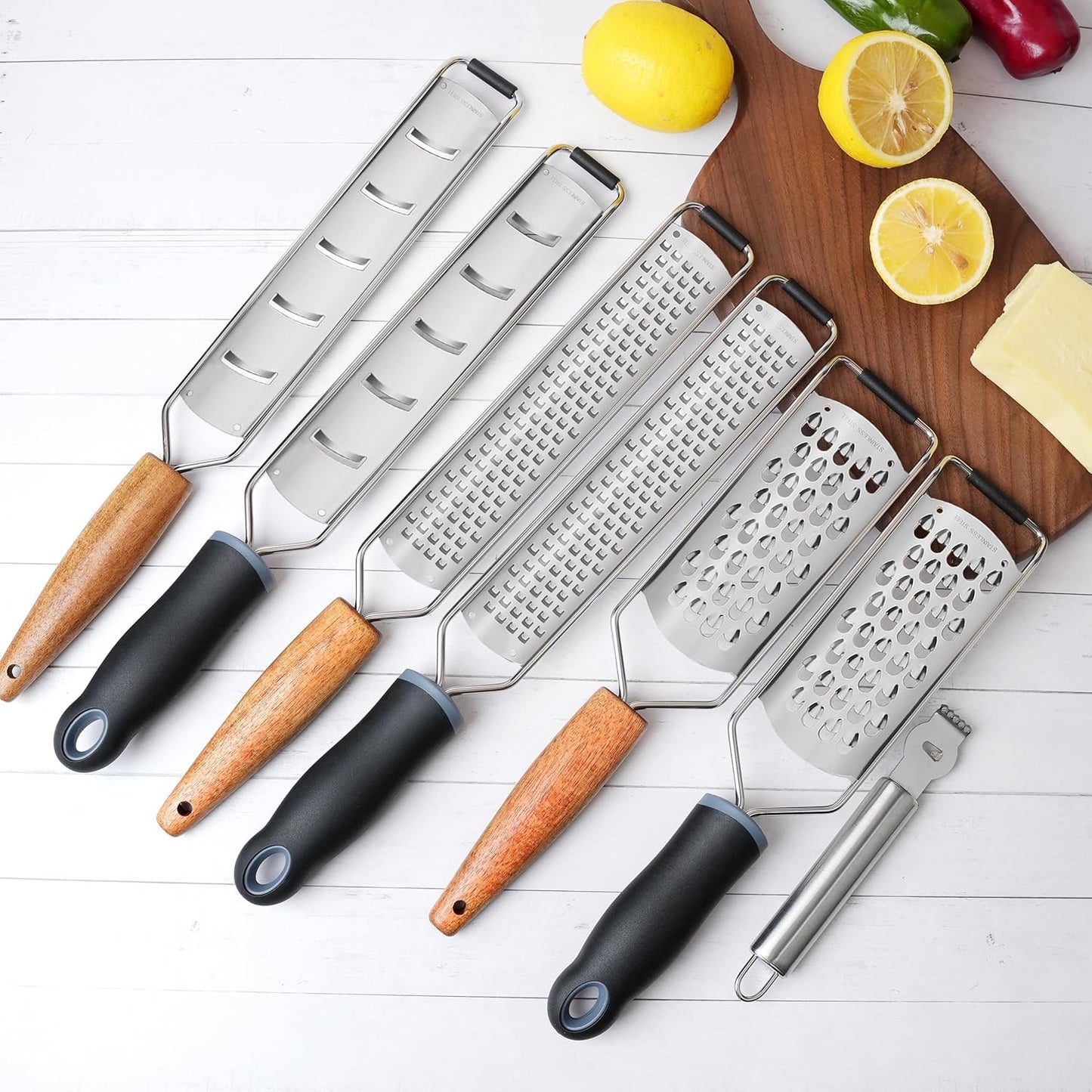 ALLWIN-HOUSEWARE Cheese Grater Zester Set of 5, 304 Stainless Steel with Acacia Wood Handle Kitchen Grater & Peeler & Slicer for Cheese, Lemon, Ginger, Garlic, Nutmeg, Fruits, Vegetables, Chocolate
