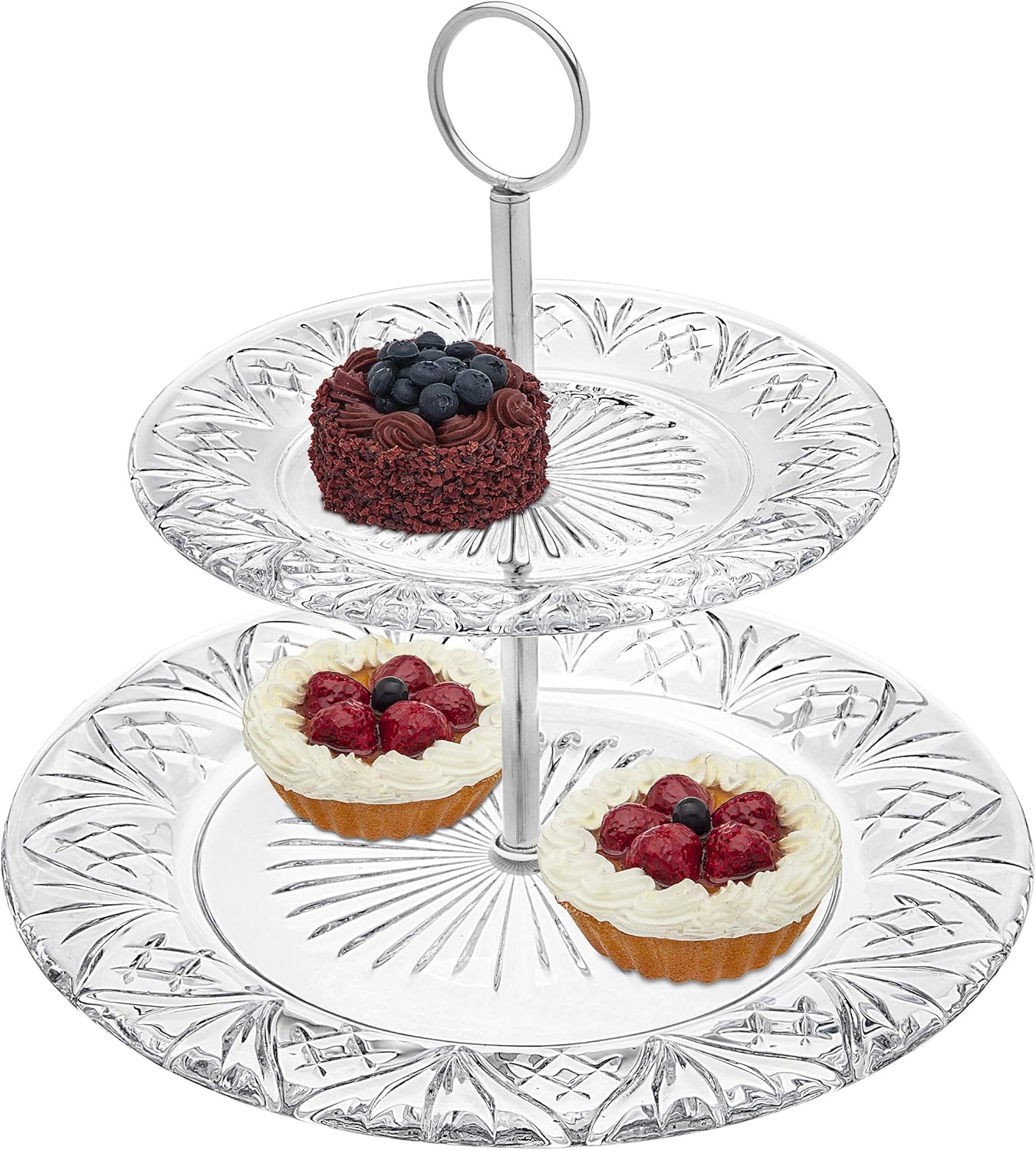 Godinger 2-Tier Platter Tray Server, Serving Stand, Cake Stand for Desserts, Appetizers & Snacks, Dublin Crystal Collection
