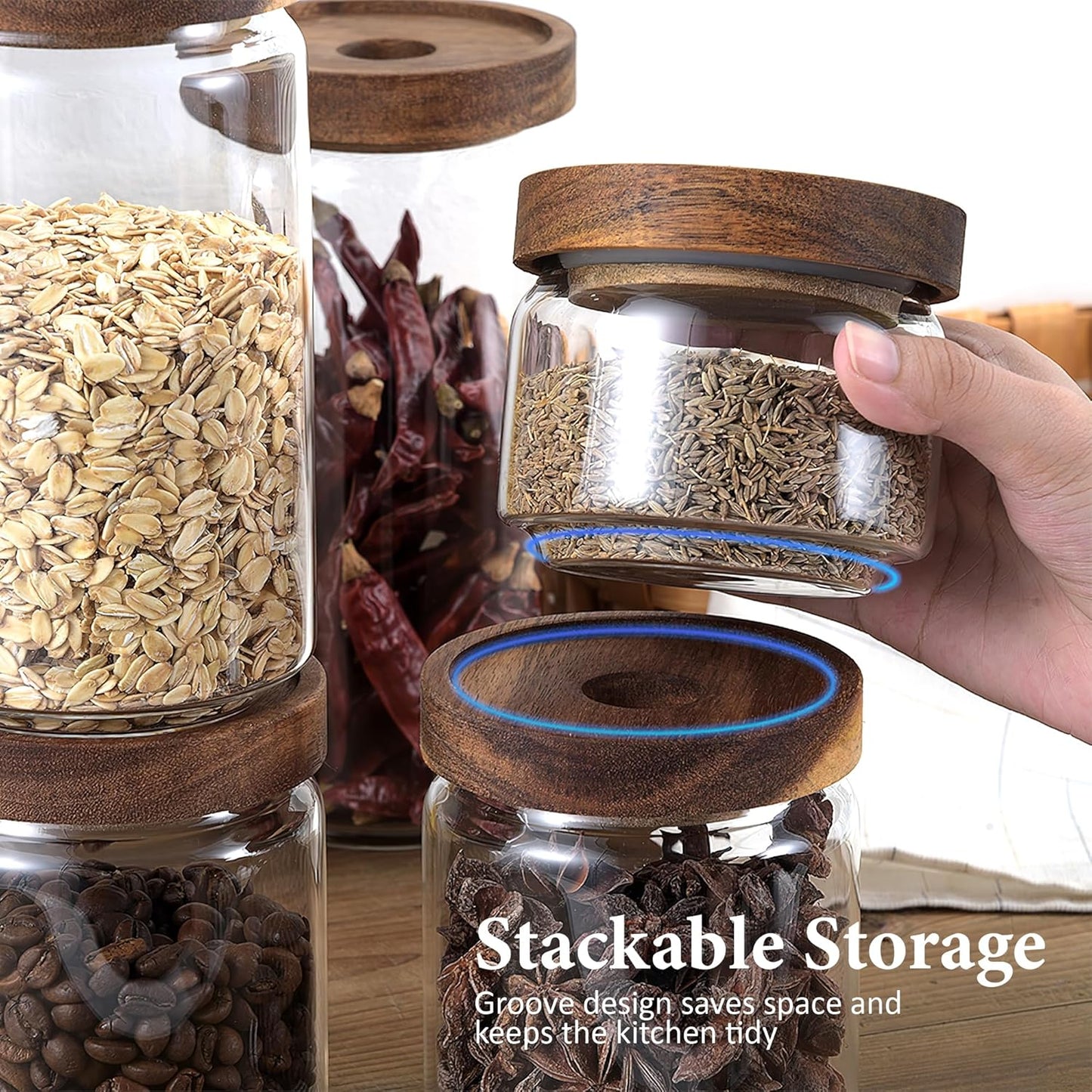 480ML/16Oz Clear Cute Glass Storage Canister Holder with Stackable Airtight Wood Lid, Modern Decorative Small Container Jar for Coffee, Spice, Candy, Salt, Cookie, Condiment, Pepper, Sugar