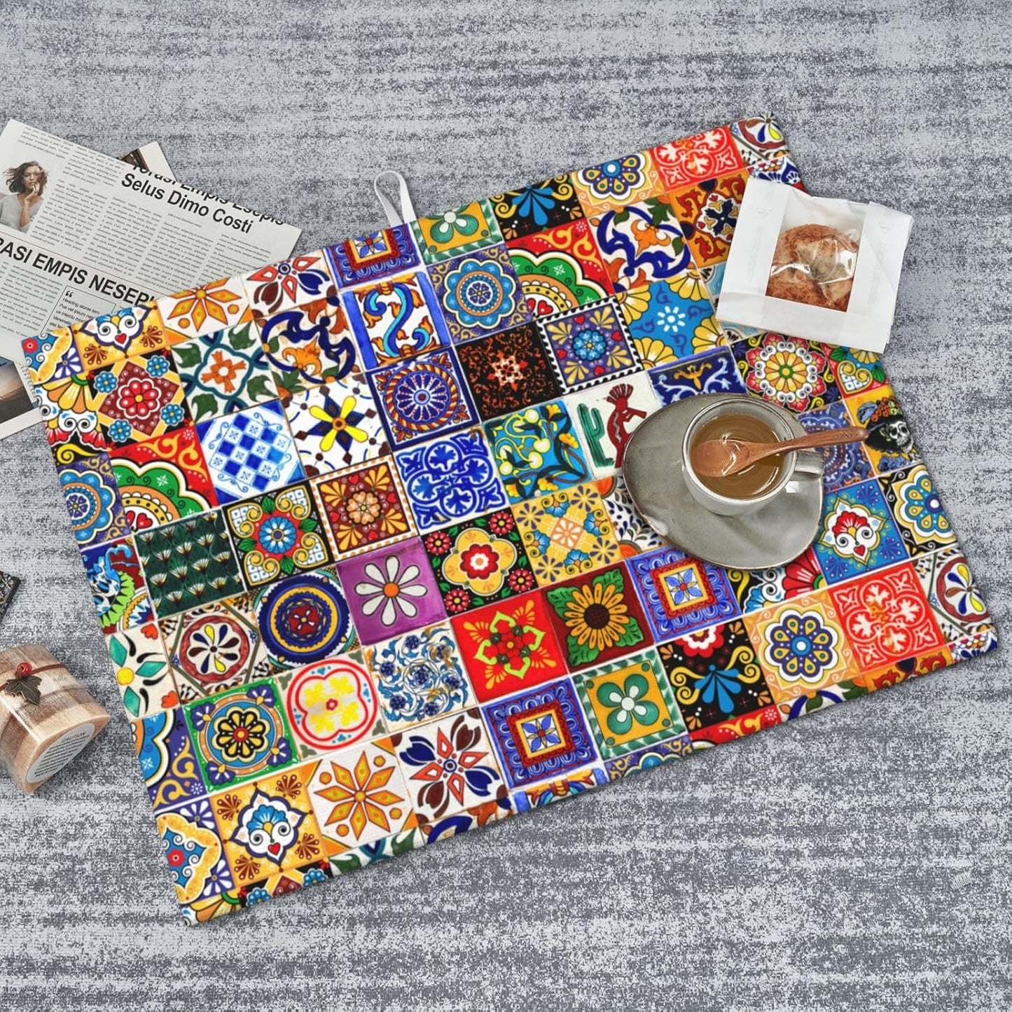 Bohemian Chic Floral Dish Drying Mat, Highly Absorbent Microfiber Kitchen Counter Pad Reusable Washable, 18*24"