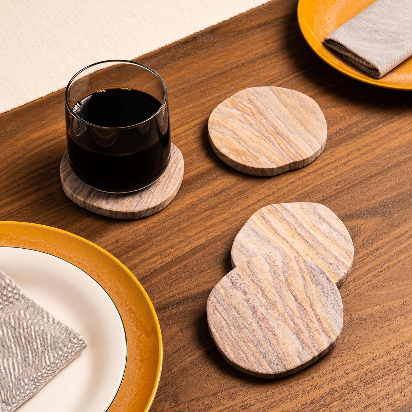 Cork & Mill Absorbent Coasters Set of 6 - Water Absorbing Sandstone Coasters for Drinks - Perfect for Coffee Table, Office Desk, Outdoor, Bedroom Nightstand - 4" Round - Unique Irregular Edge Design