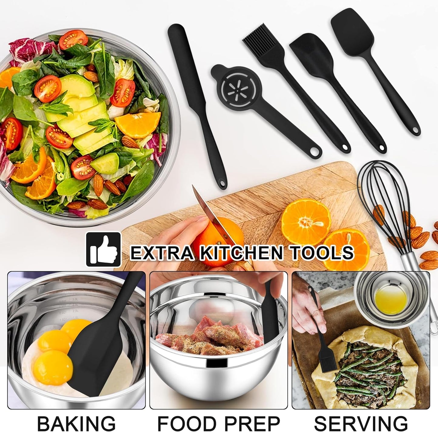 E-far Mixing Bowls with Lids Set, 21PCS Stainless Steel Salad Mixing Bowls with 3 Grater Attachments, Size 7, 4.6, 3.5, 2.6, 2, 1.5, 1QT, Nesting Design & Black Airtight Lid, For Baking/Prepping