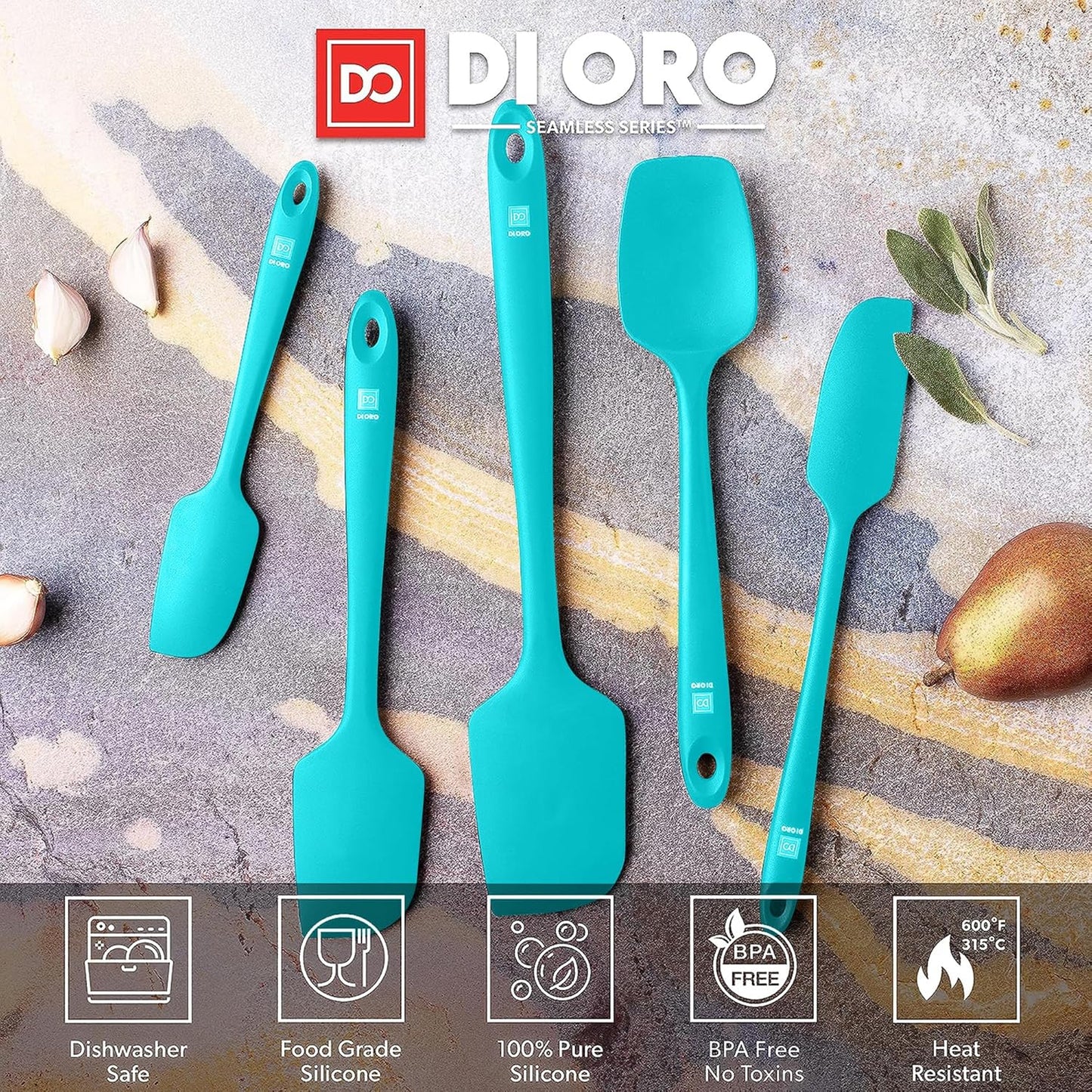 DI ORO Silicone Spatula Set - Rubber Kitchen Spatulas for Baking, Cooking, & Mixing - 600°F Heat-Resistant & BPA Free Silicone Scraper Spatulas for Nonstick Cookware - Dishwasher Safe (5pc, Teal)