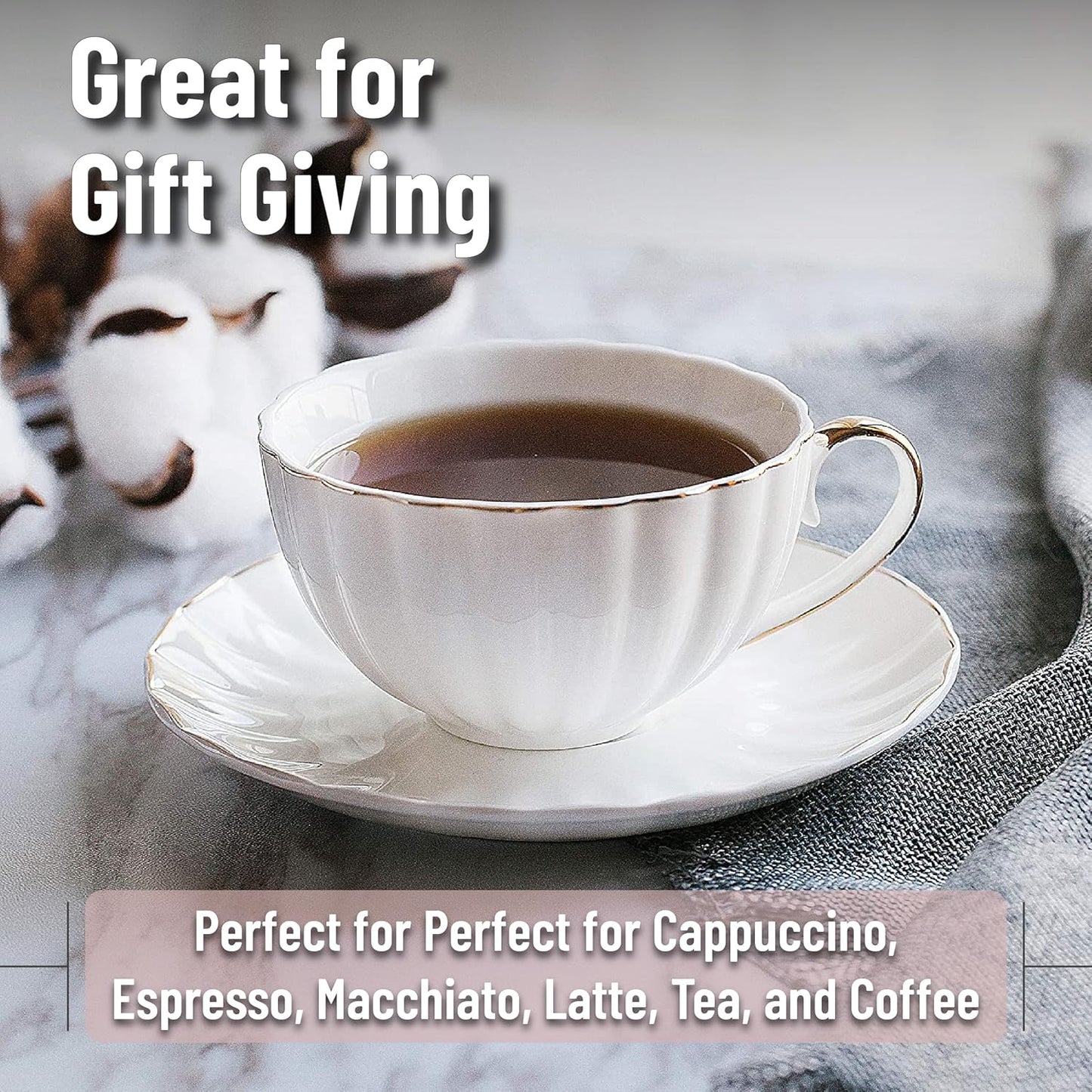 BTaT- White Tea Cups and Saucers Set of 12 (7 oz), Porcelain White Tea Cup Set of 12 with Golden Trim Design, Dishwasher Safe