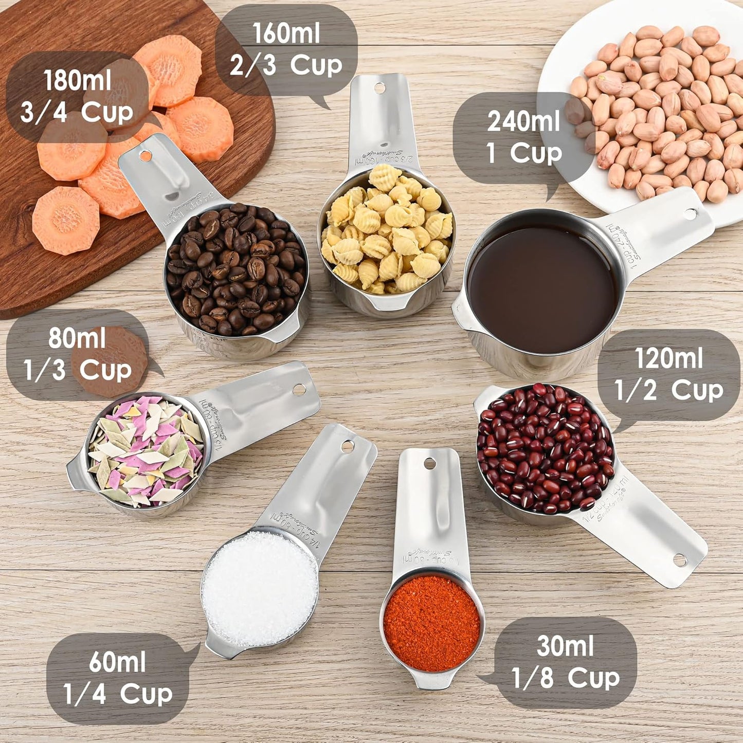 Measuring Cups Set 7, 18/8 Stainless Steel Measuring Cups Set for Kitchen & Baking, Metal Metric & US Measure Cup With 2/3 Cup & 3/4 Measuring Cup for Dry & Liquid Ingredients