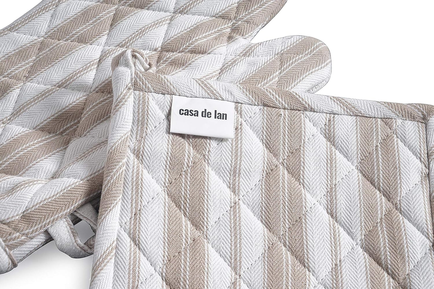 Oven Mitt & Potholder Set - Durable Heat Resistant Gloves - Thick Mittens for Kitchen - Suitable for Cooking, Baking, Grilling – BBQ - 1 Oven Mitts & 1 Potholders – Taupe Stripes - Casa De Lan