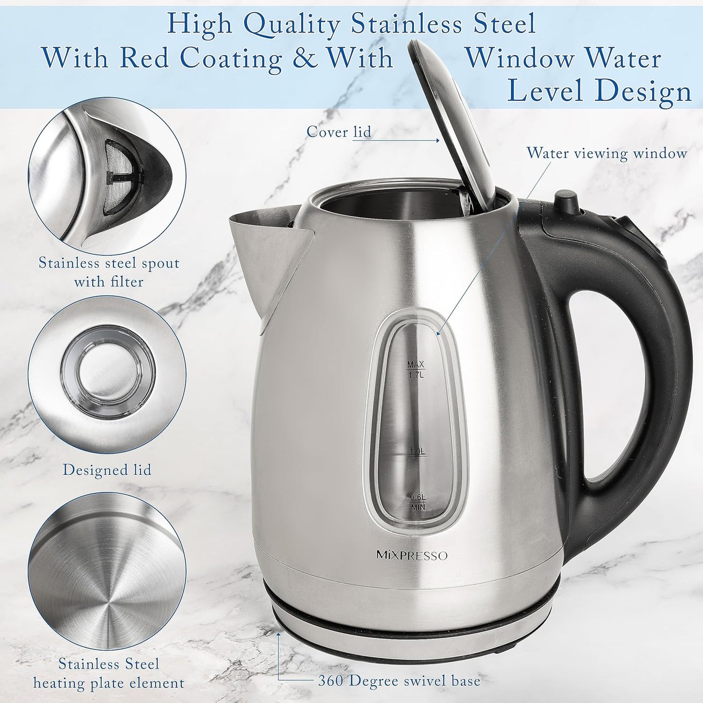 Mixpresso Stainless Steel Electric Kettle, Cordless Pot 1.7L Portable Electric Hot Water Kettle, 1500w Strong Fast Boiling Pot, Water Boiler, Electric Tea Kettle With Boil Dry Protection