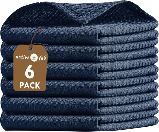Native Fab 6 Pack Waffle Dish Cloths - 100% Cotton, Absorbent, Quick Drying & Soft Towels for Cleaning, Cooking & Baking - Ideal for Home, Restaurants & Cafes - 12x12 Inches - Navy Blue