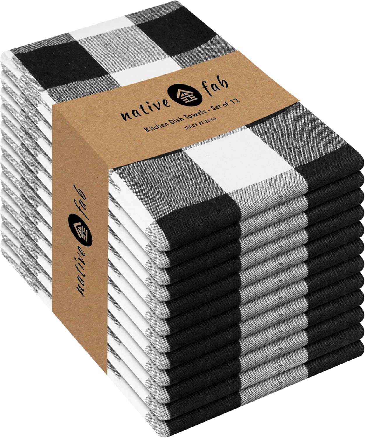 Native Fab 12-Pack Kitchen Towel with Hanging Loop 16x26 inches, Cotton Buffalo Check Kitchen Towels for Cleaning Drying, Washcloths Soft & Absorbent Cloth Rags, Bar Towel, Dish Cloth, Black