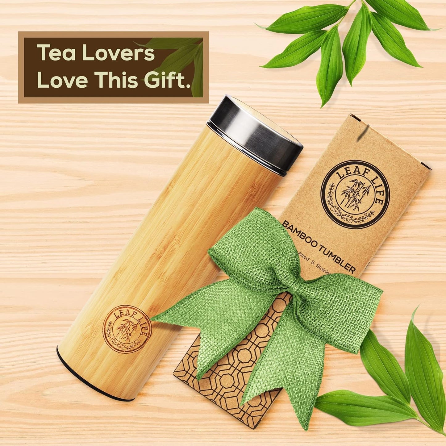LeafLife Premium Bamboo Tea Bottle for Loose Tea - Tea Infuser Bottle - Tea Gifts - Insulated Water Bottle/Coffee Tumbler/Tea - Tea Gift Set, Tea Accessories - Tea Tumbler 12oz