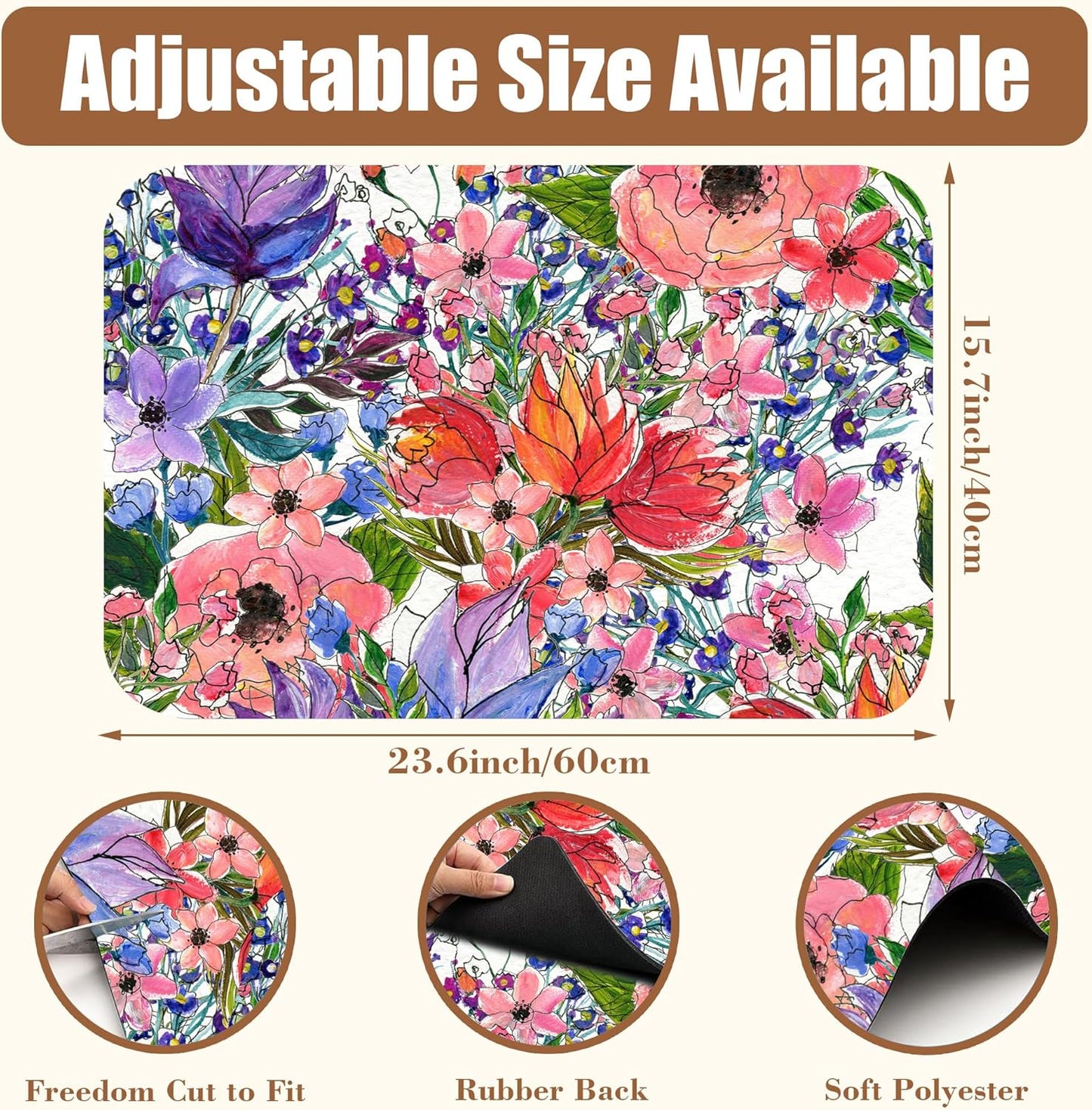 Dish Drying Mat Watercolor Colorful Floral Coffee Bar Mat for Countertop Absorbent Rubber Backed Hide Stain Dish Drainer Rack Pad Coffee Maker Espresso Machine Dining Room Decor 15.7 x 23.6 Inch