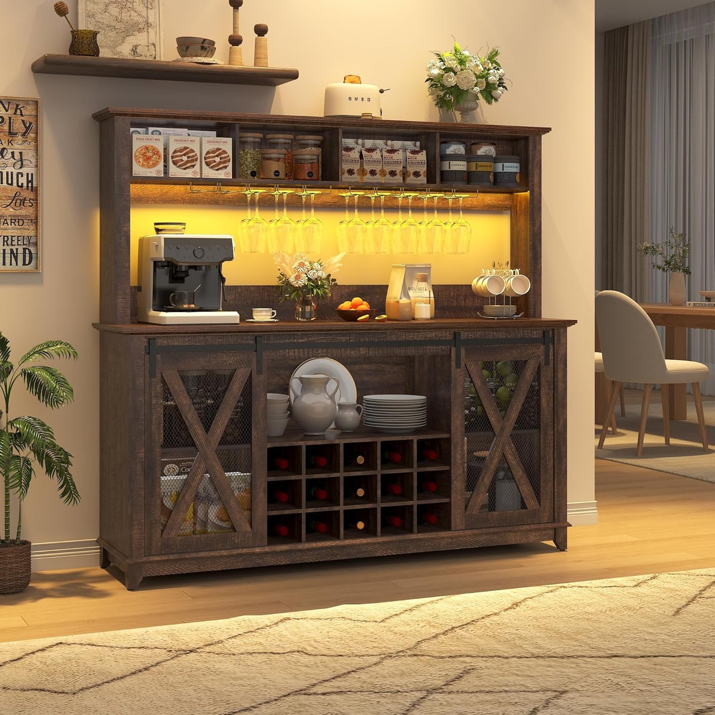 63"W Farmhouse Coffee Bar Cabinet with LED Light,Wine Bar Cabinet w/ 4 Tier Storage Hutch,Kitchen Buffet Cabinet w/Sliding Barn Door & 15 Wine and Glass Racks for Kitchen Dining Room(Brown)